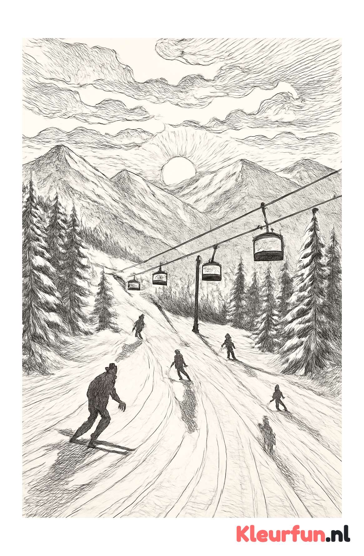 Sneeuwlandschap met zonsondergang op skipiste