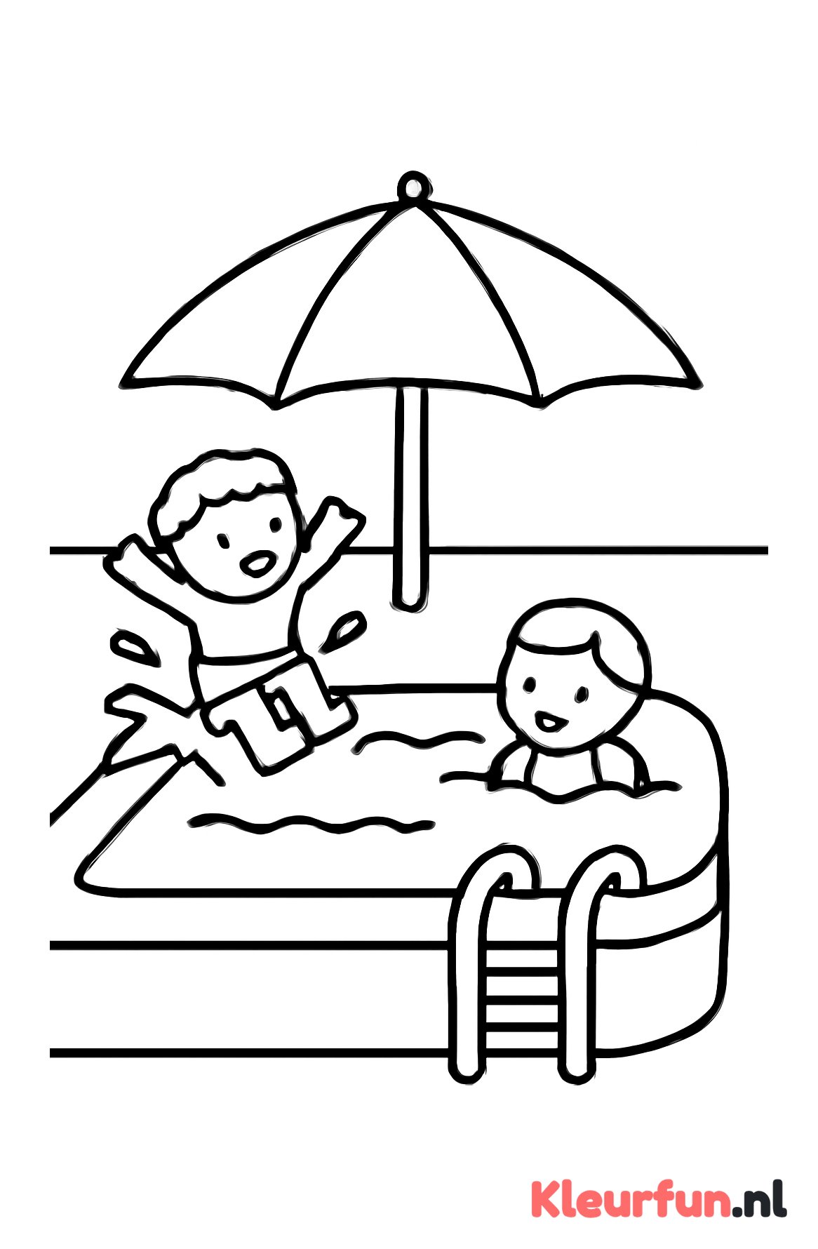 Zwembad met zonneparasol en plonzende zwemmers