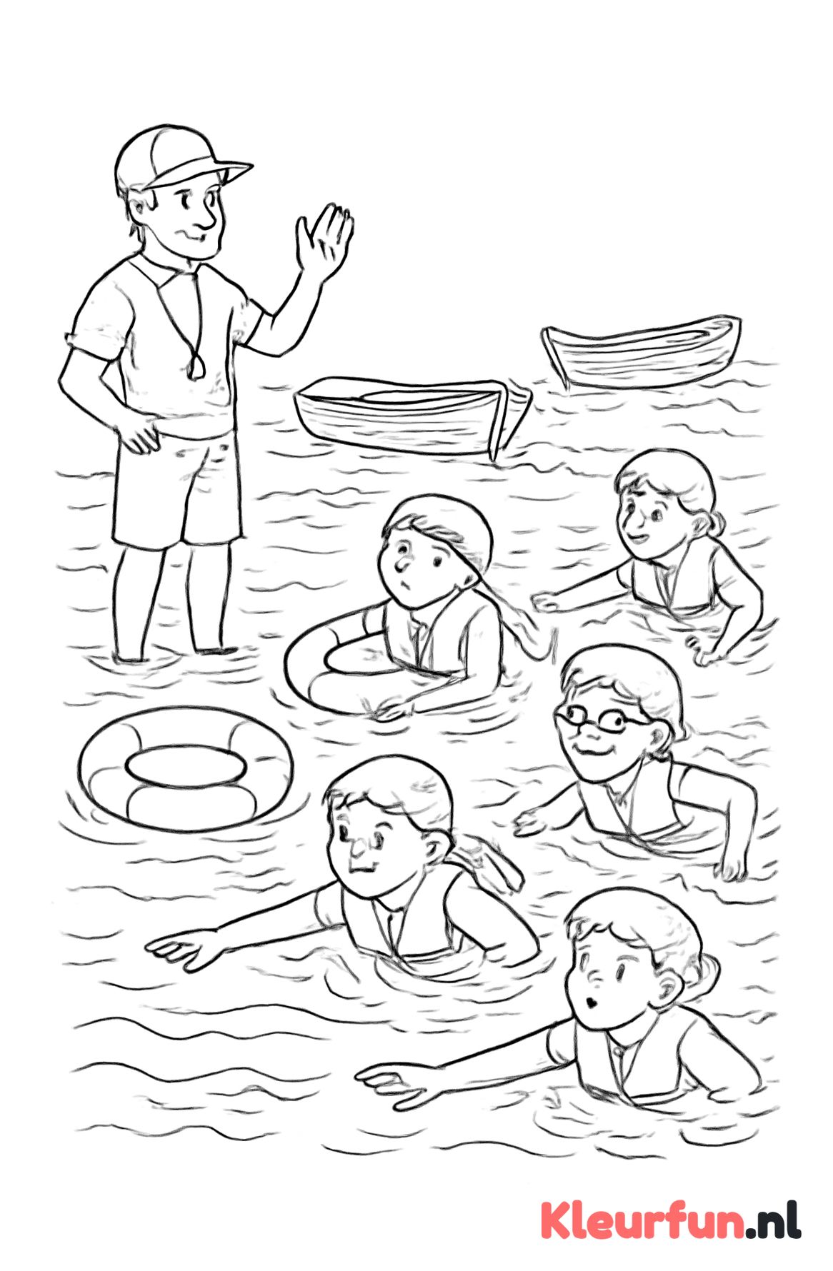 Zwemcoach en kinderen in open water