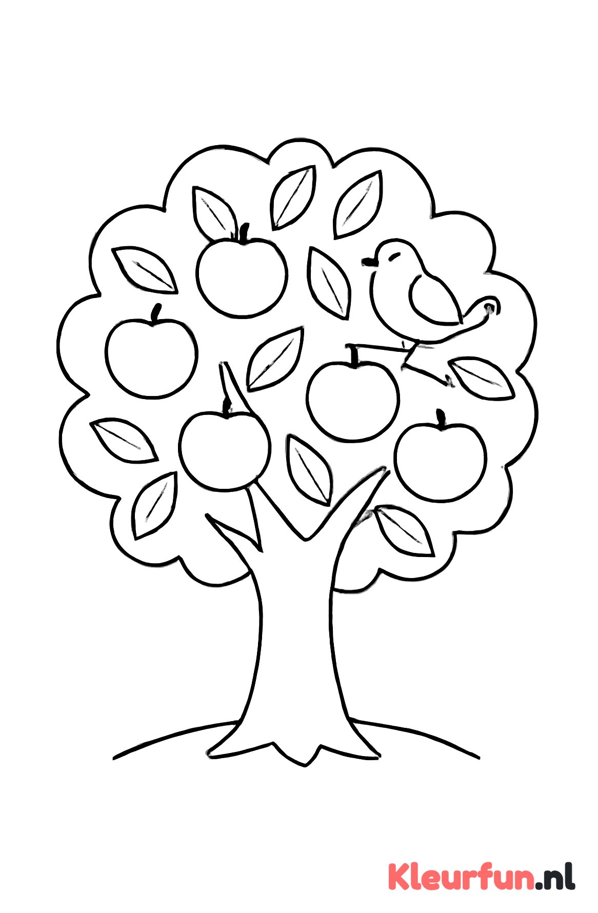 Eenvoudige appelboom met grote appels en een vogel