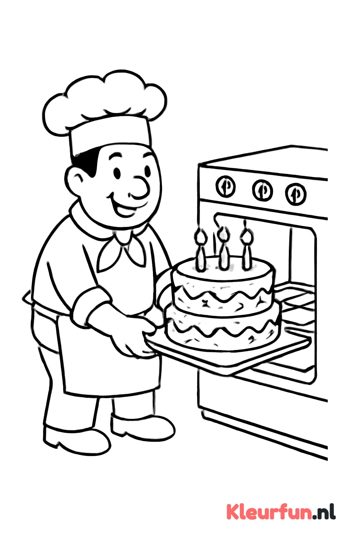 Bakker met feestelijke taart in oven