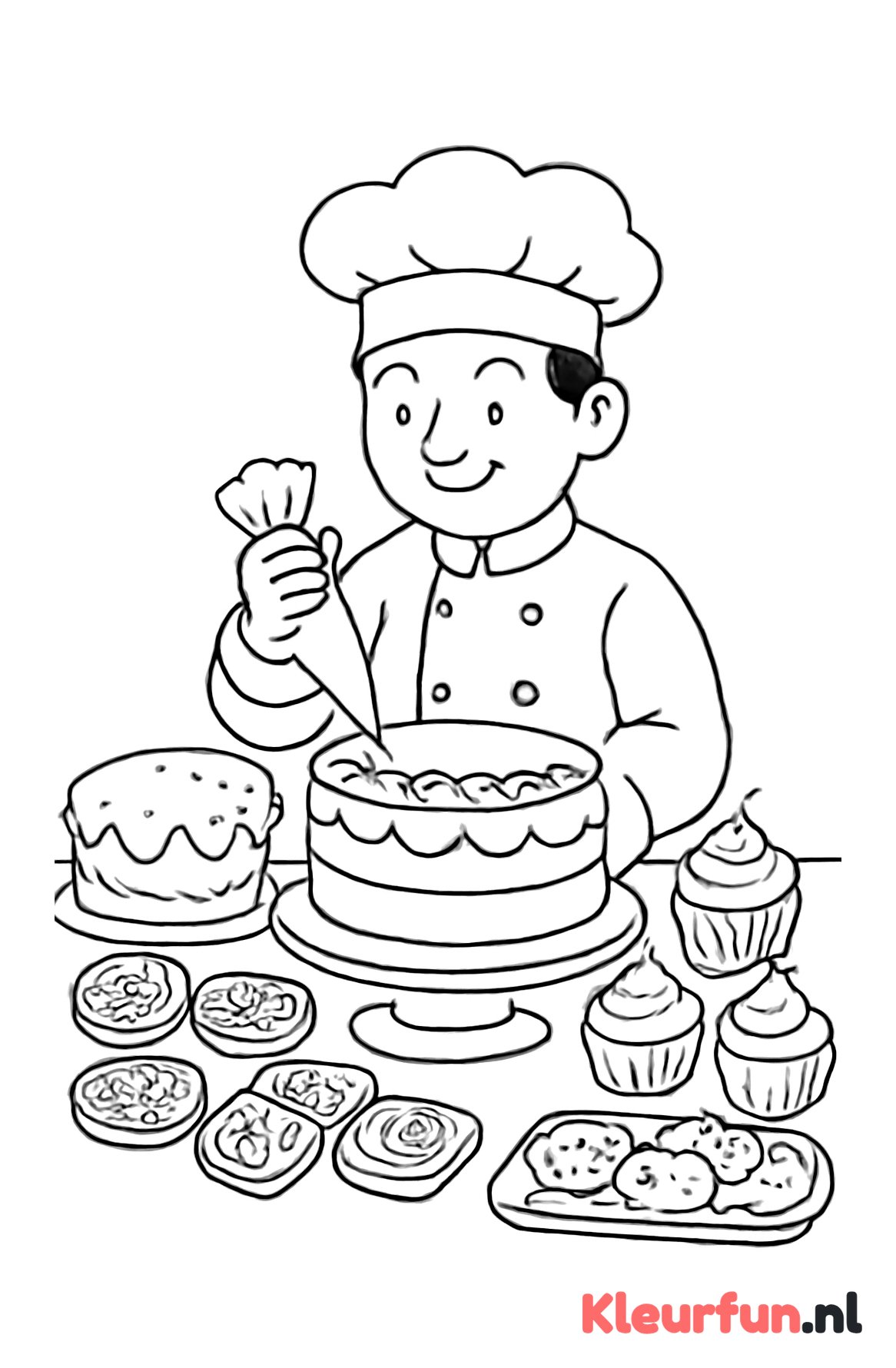 Bakker versiert taarten en cupcakes
