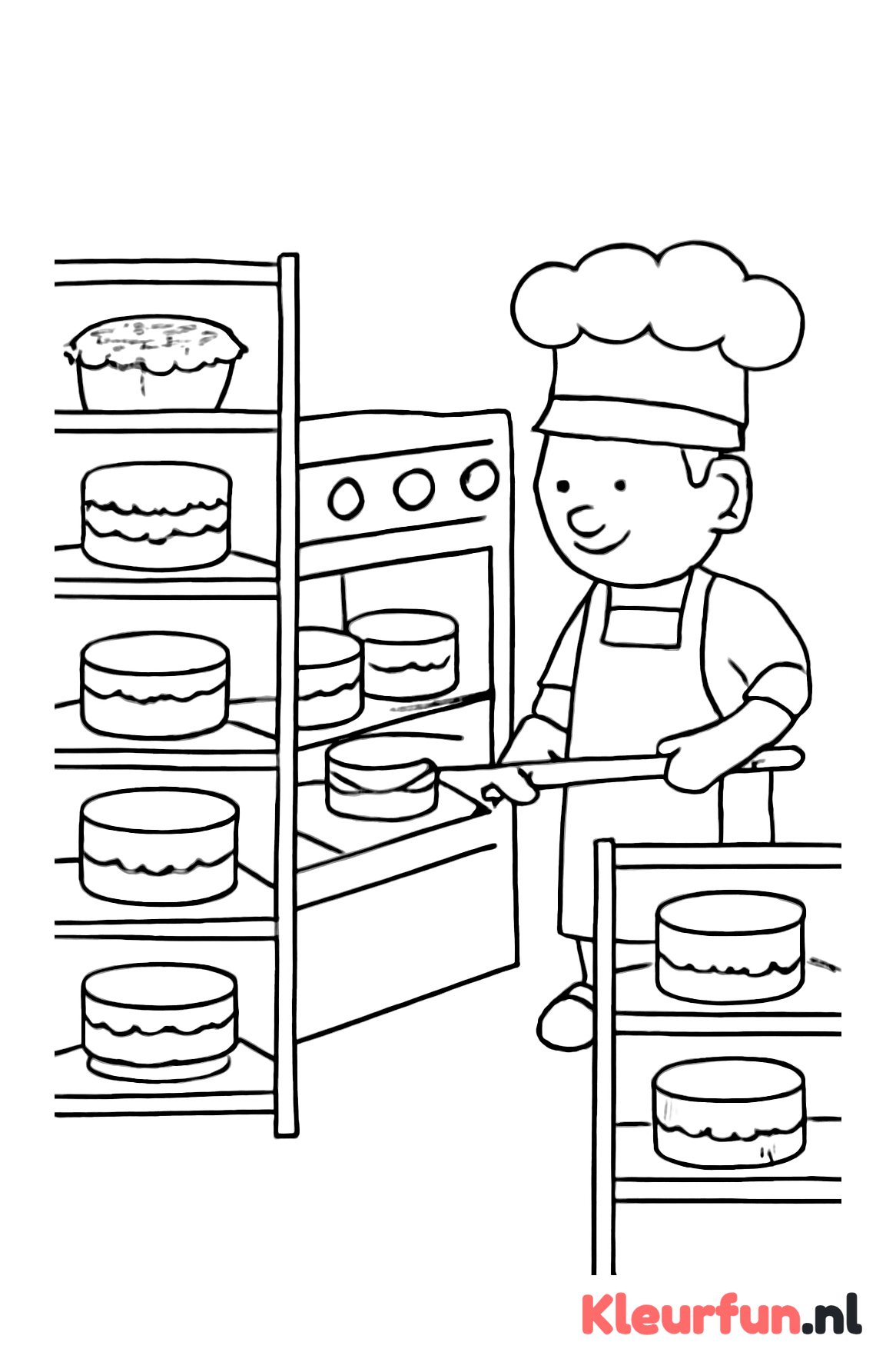 Bakkerij met taarten en bakker