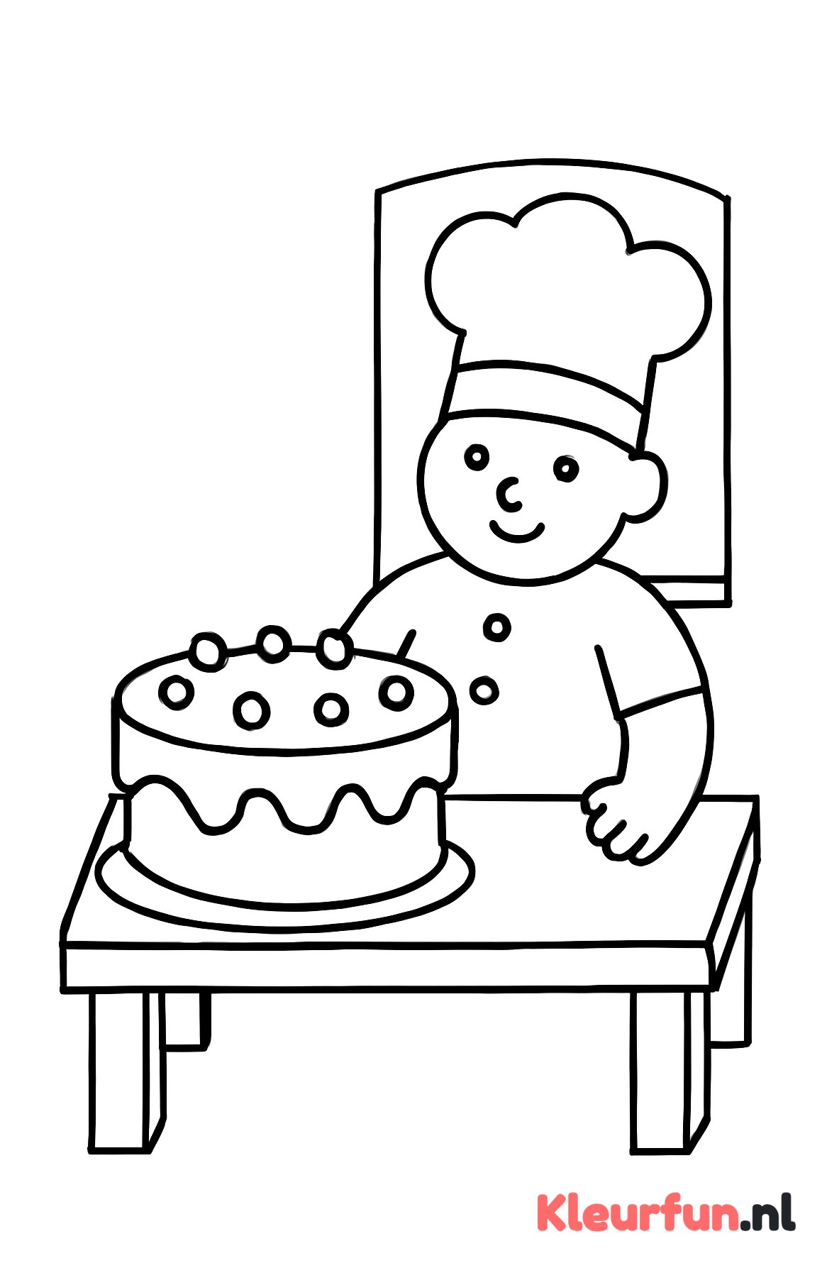 Bakkerijtafel met taart en bakker