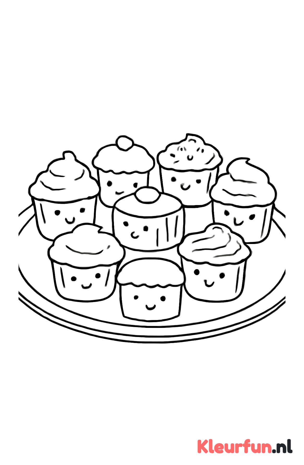 Dienblad met diverse cakejes kleurplaat