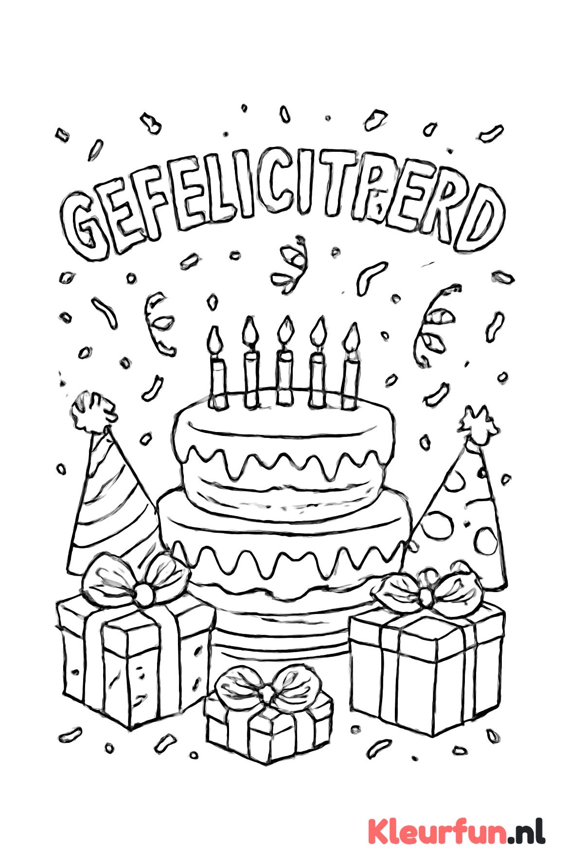 Feestelijke taart met cadeaus en confetti