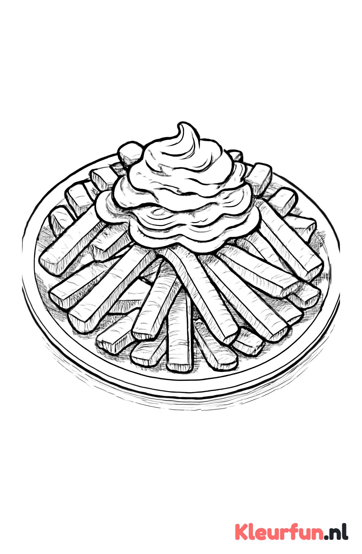 Friet op bord met mayonaise en ketchup, eenvoudige lijntekening van fastfood