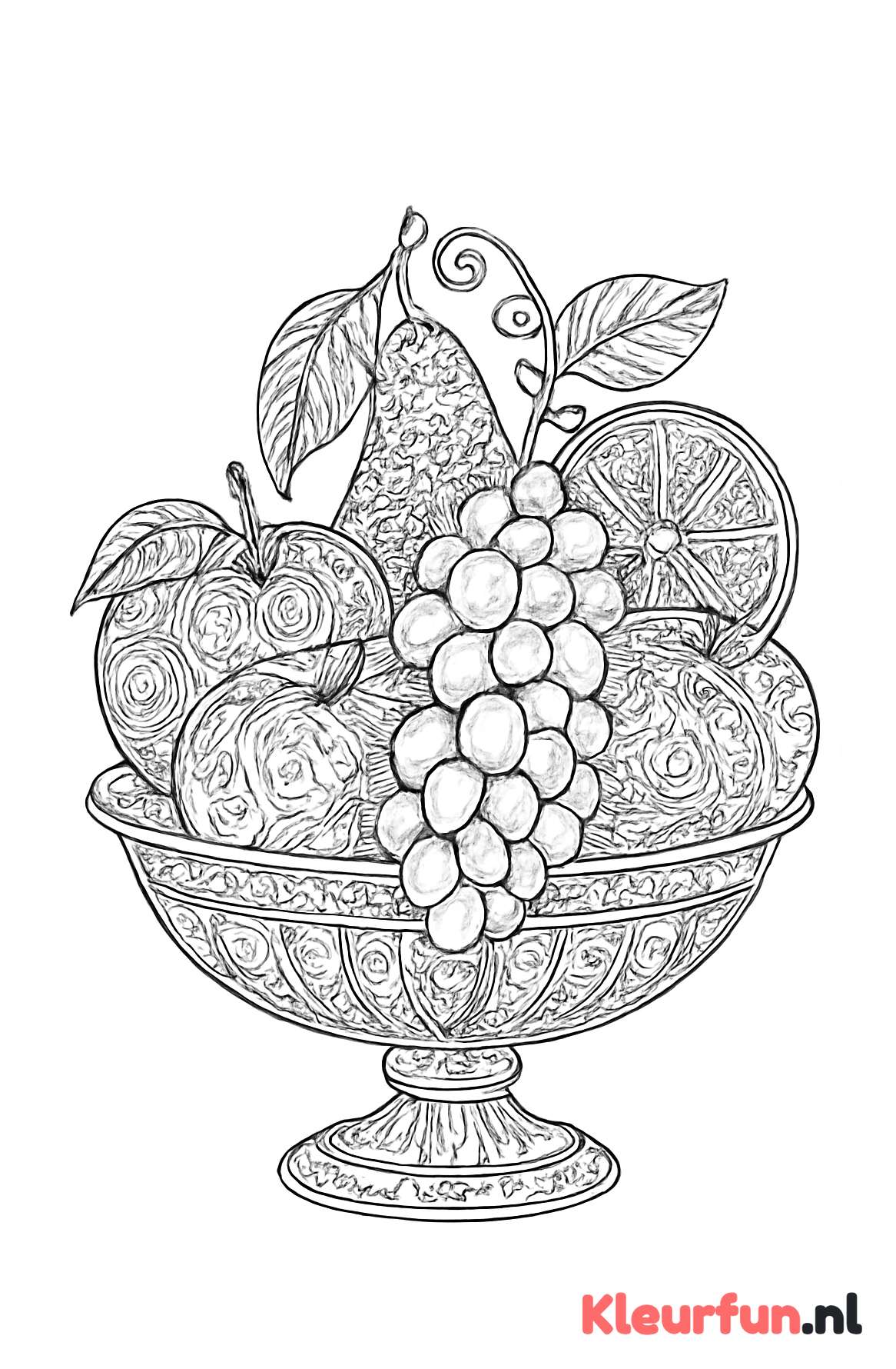 Gedetailleerde fruitschaal met diverse fruitsoorten