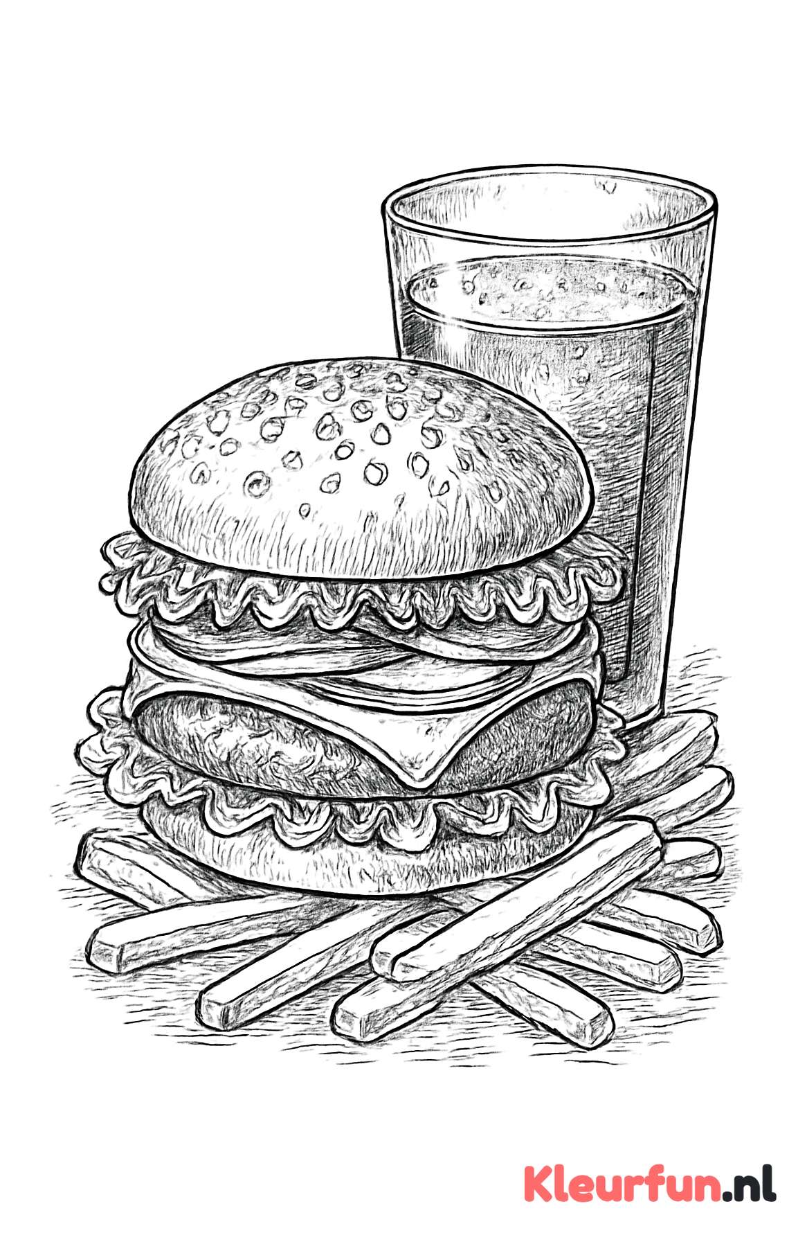 Gedetailleerde hamburger met lagen en frietjes