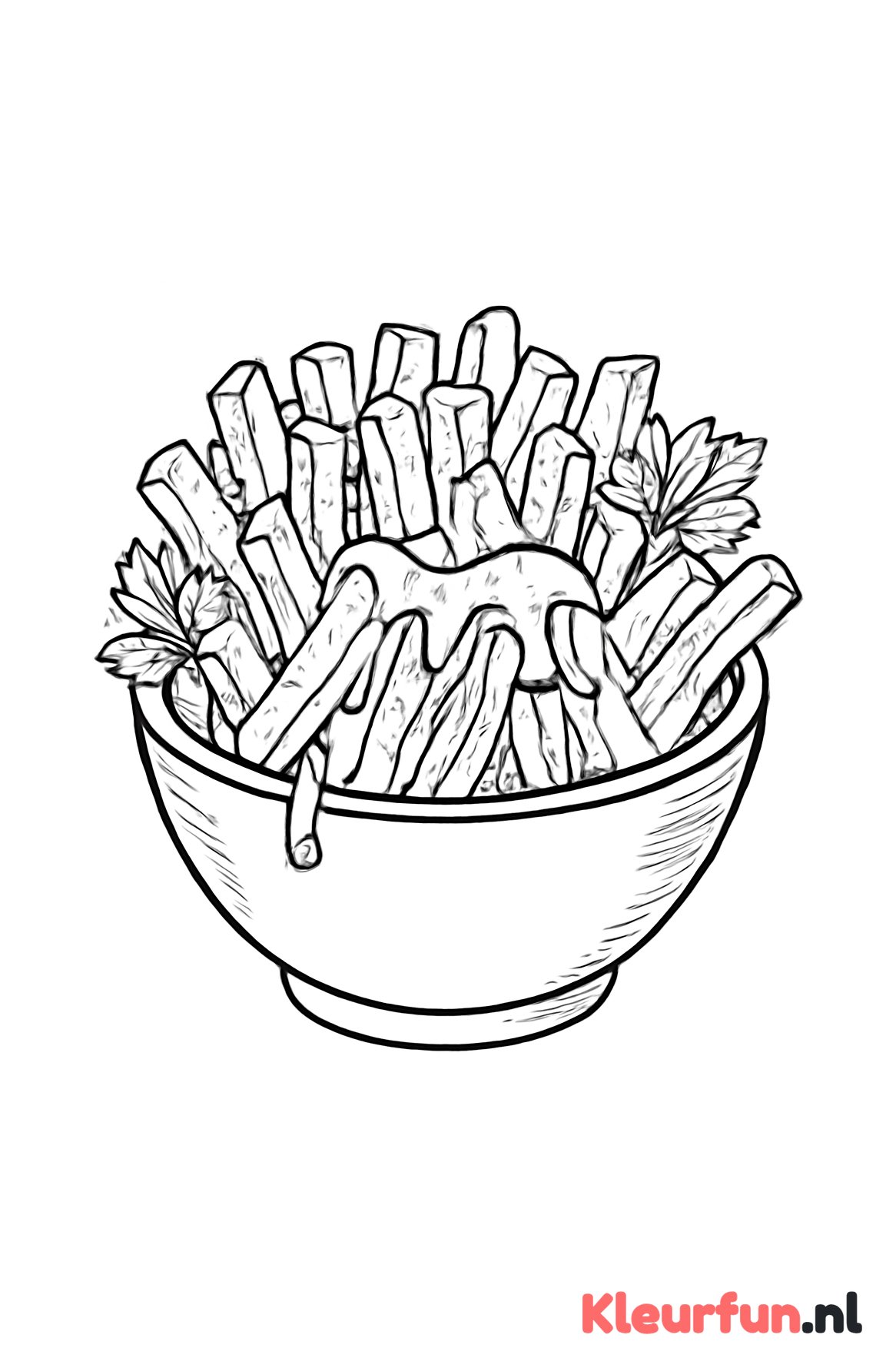 Grote kom frietjes met saus en takjes peterselie, lijntekening voor oudere kinderen
