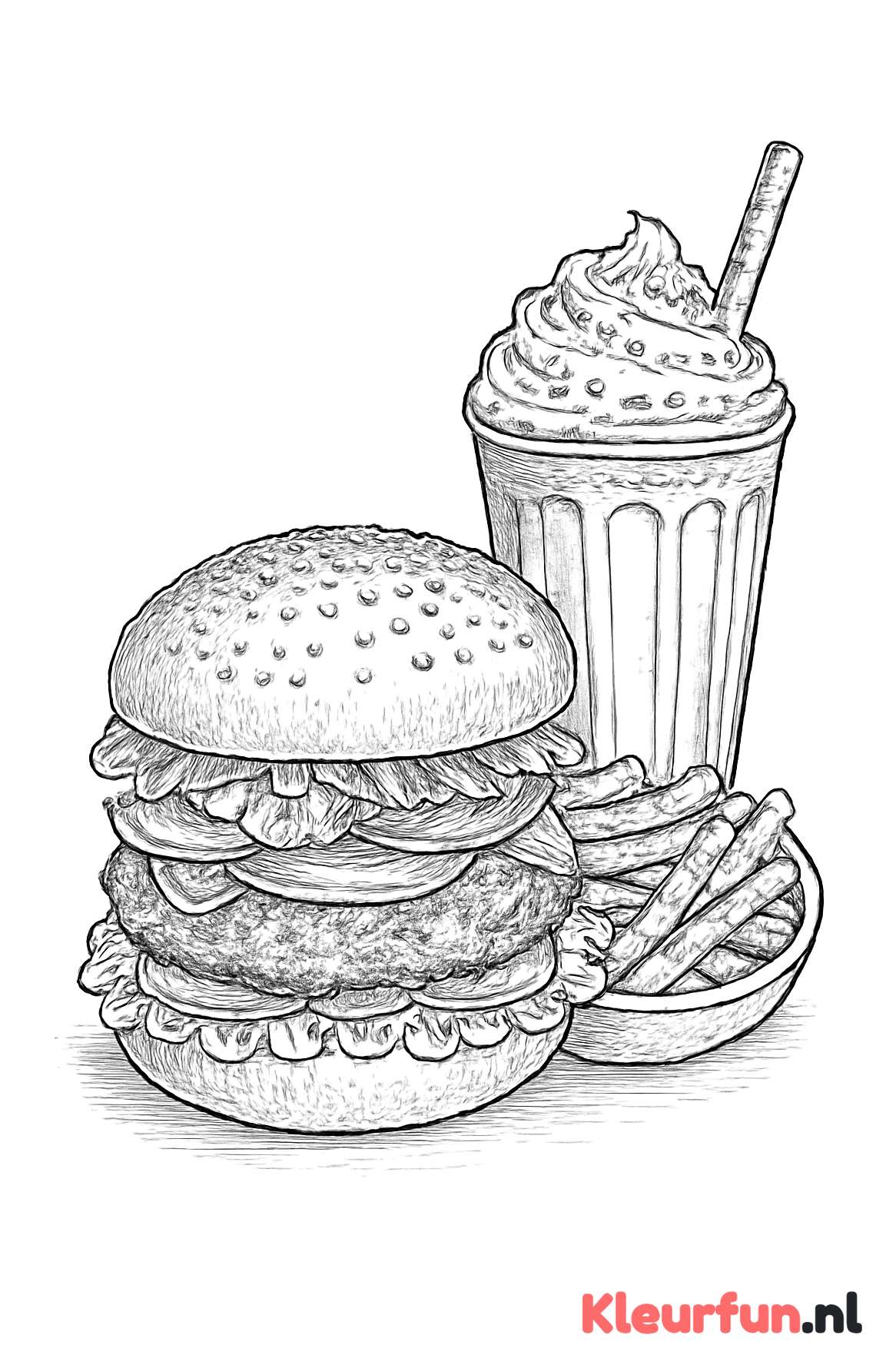 Hamburger met frietjes en milkshake in detail