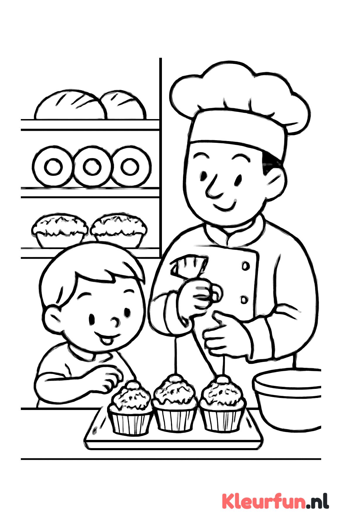 Kind versiert cupcakes in de bakkerij