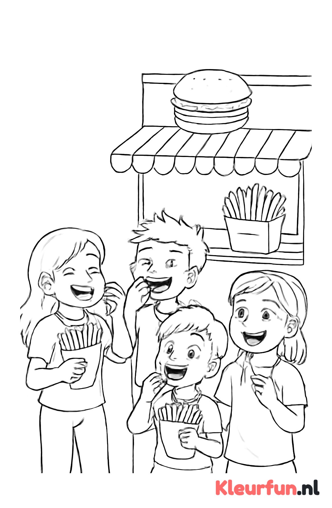 Scène met kinderen die frietjes eten bij een fastfoodkraam, zwart-wit kleurplaat