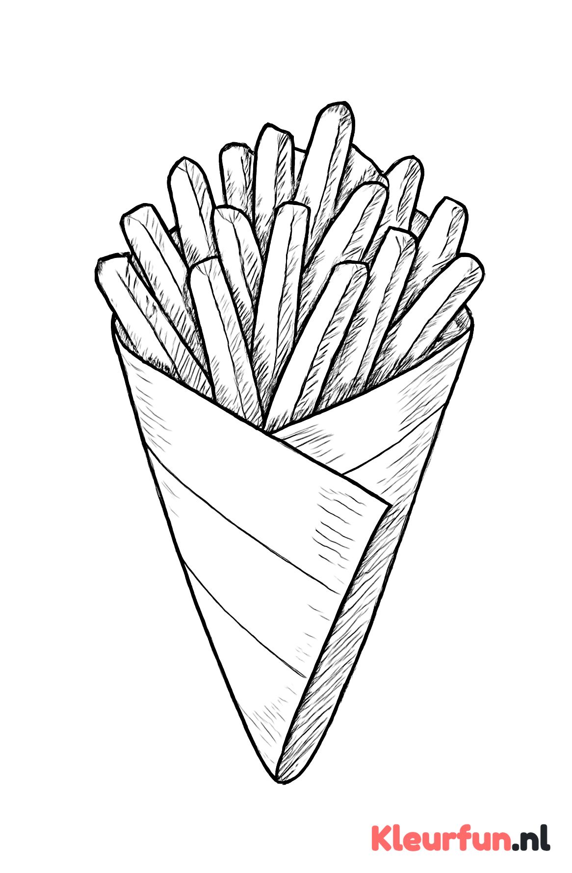 Detail van krokante frieten in een puntzak, lijntekening fastfood friet