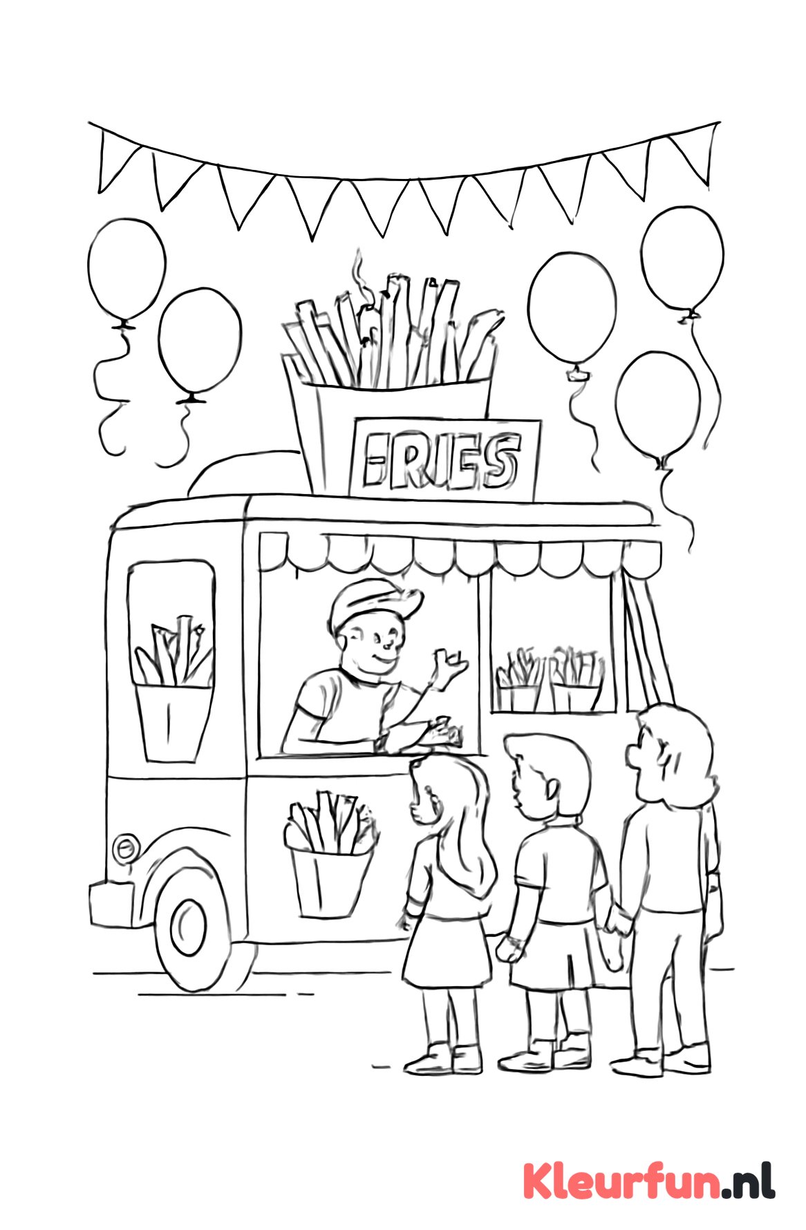 Patatwagen met meerdere frietbakjes en blijvende klanten, zwart-wit lijntekening