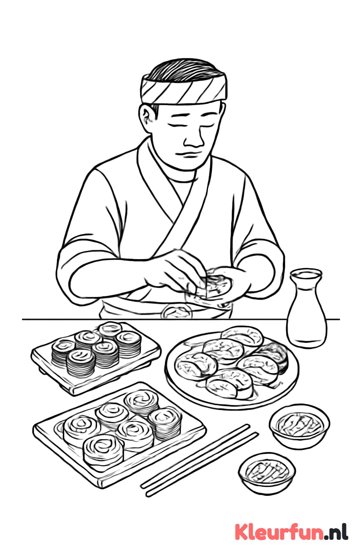 Sushi chef met borden en accessoires