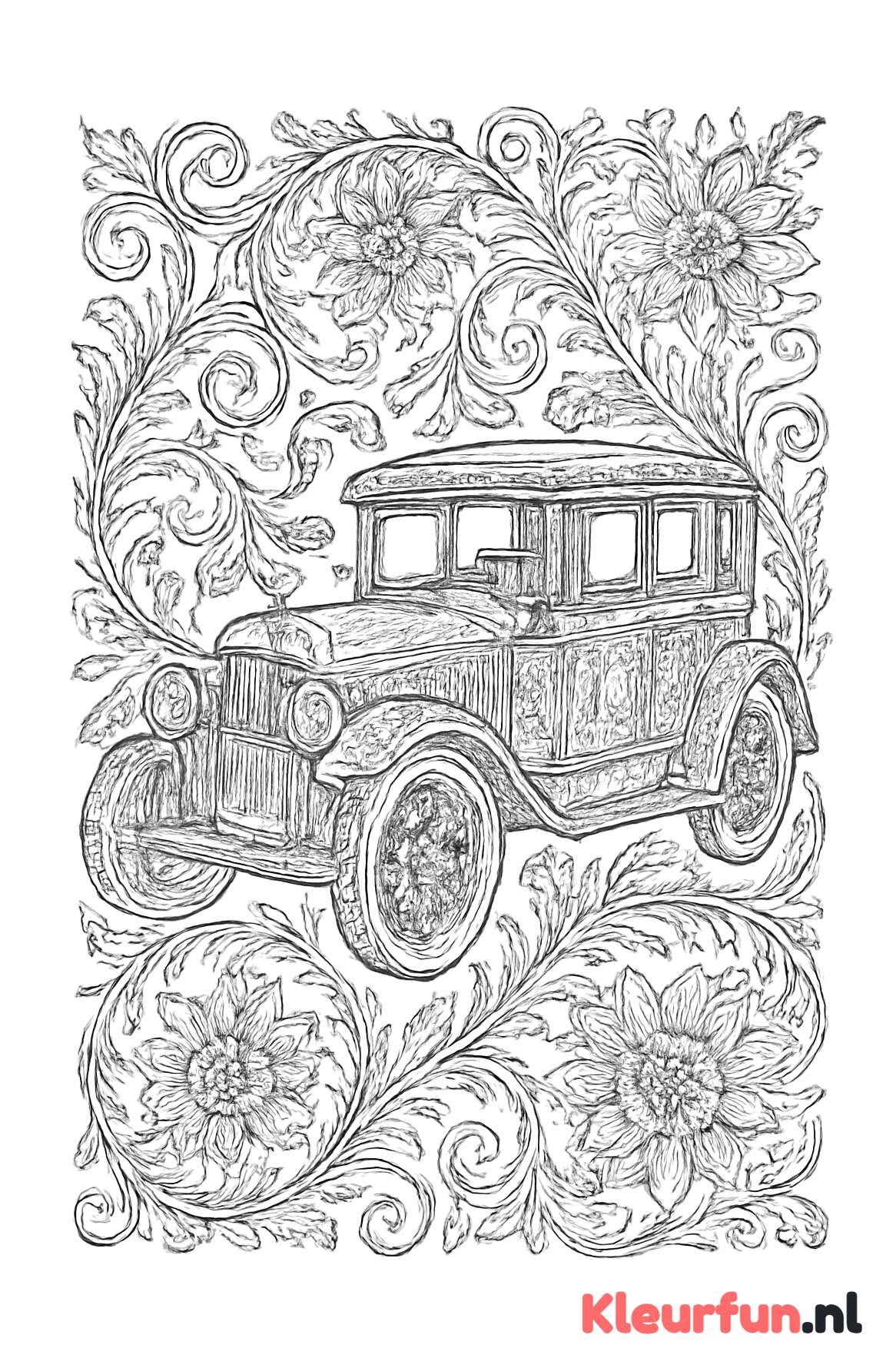 Oude antieke auto met bloemrijke ornamenten en decoratieve strepen