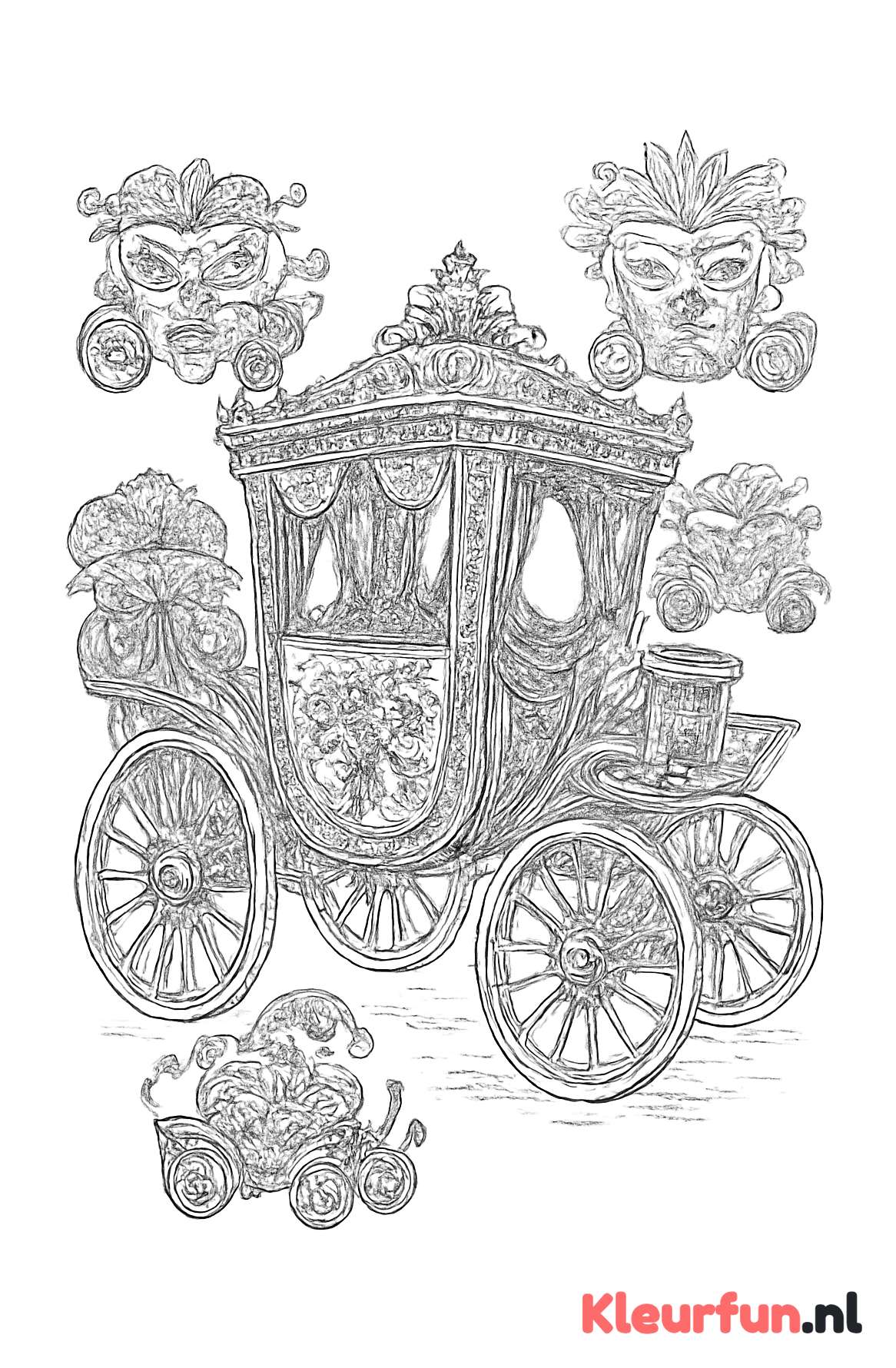 Antieke paardenkoets met carnavalswagens