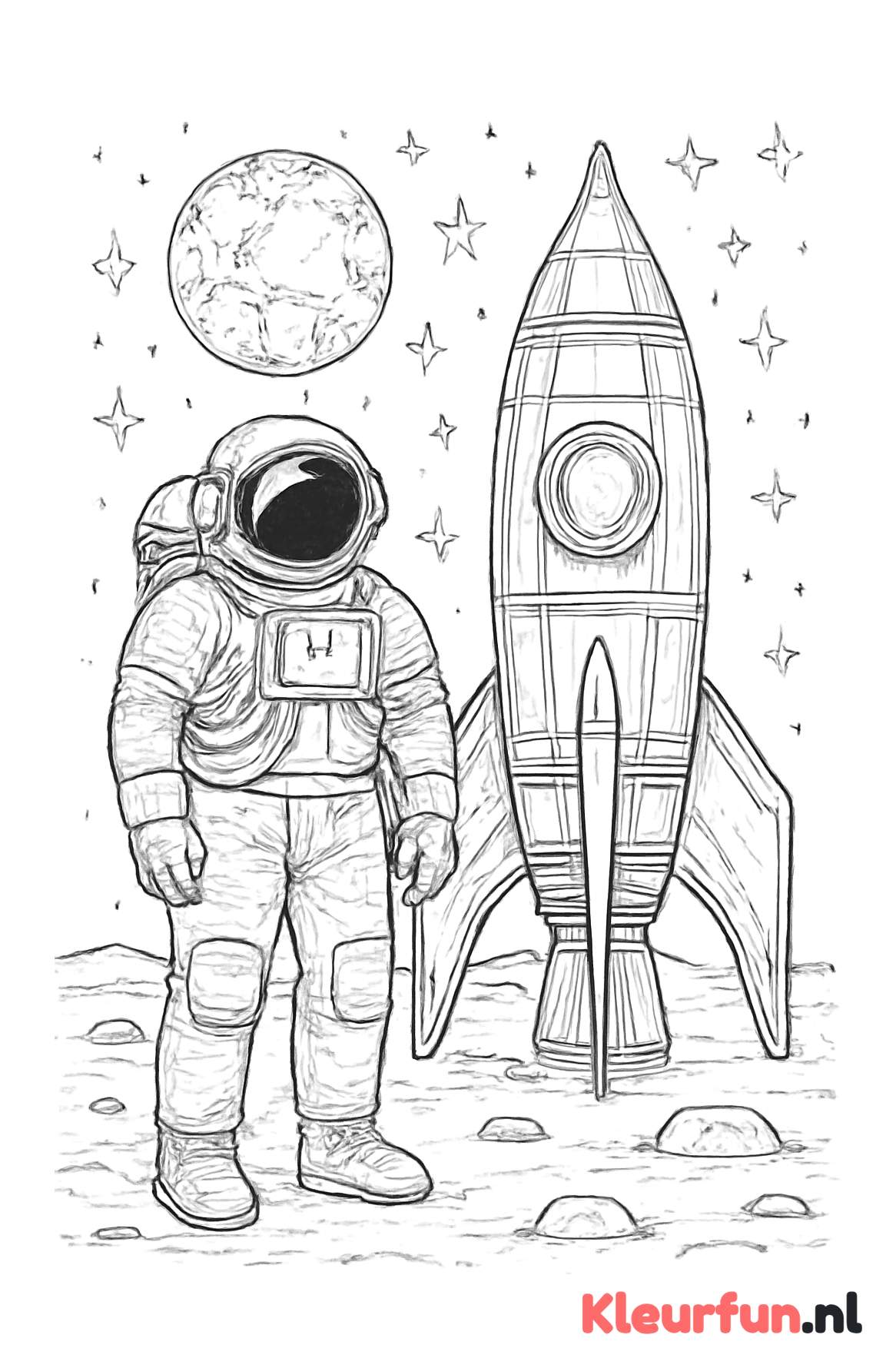 Astronaut naast raket op maan