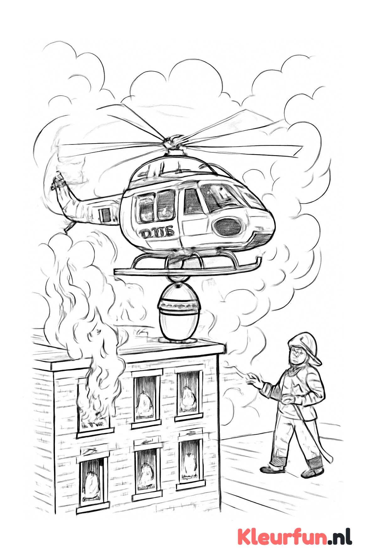 Brandweerhelikopter landing bij brandend gebouw