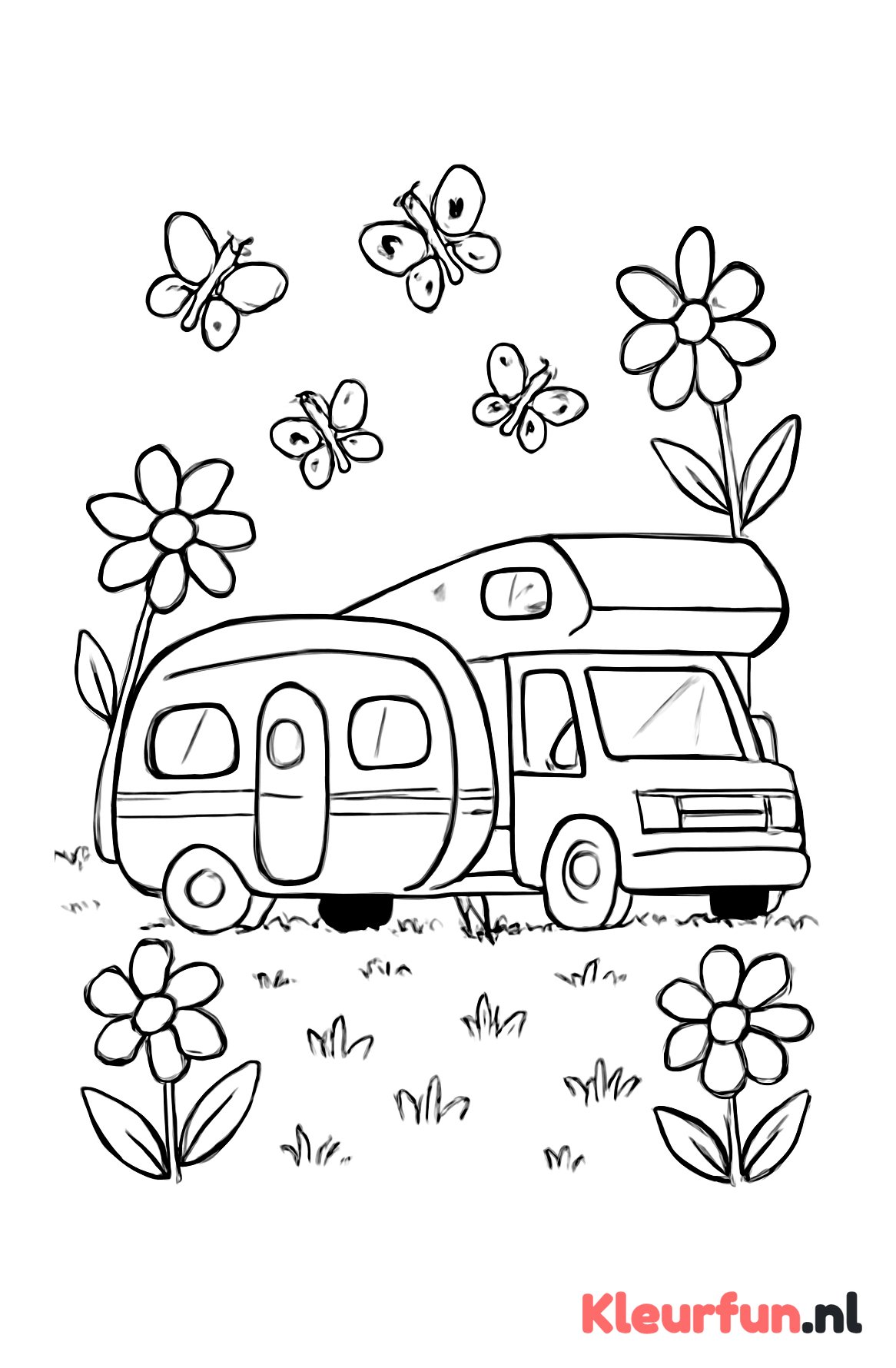 Caravan en camper geparkeerd op een grasveld met bloemen