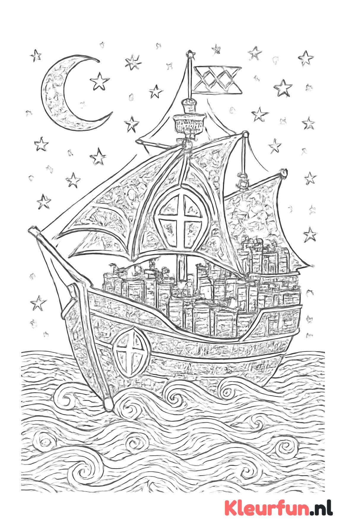 Gedetailleerde pakjesboot van Sinterklaas in de nacht
