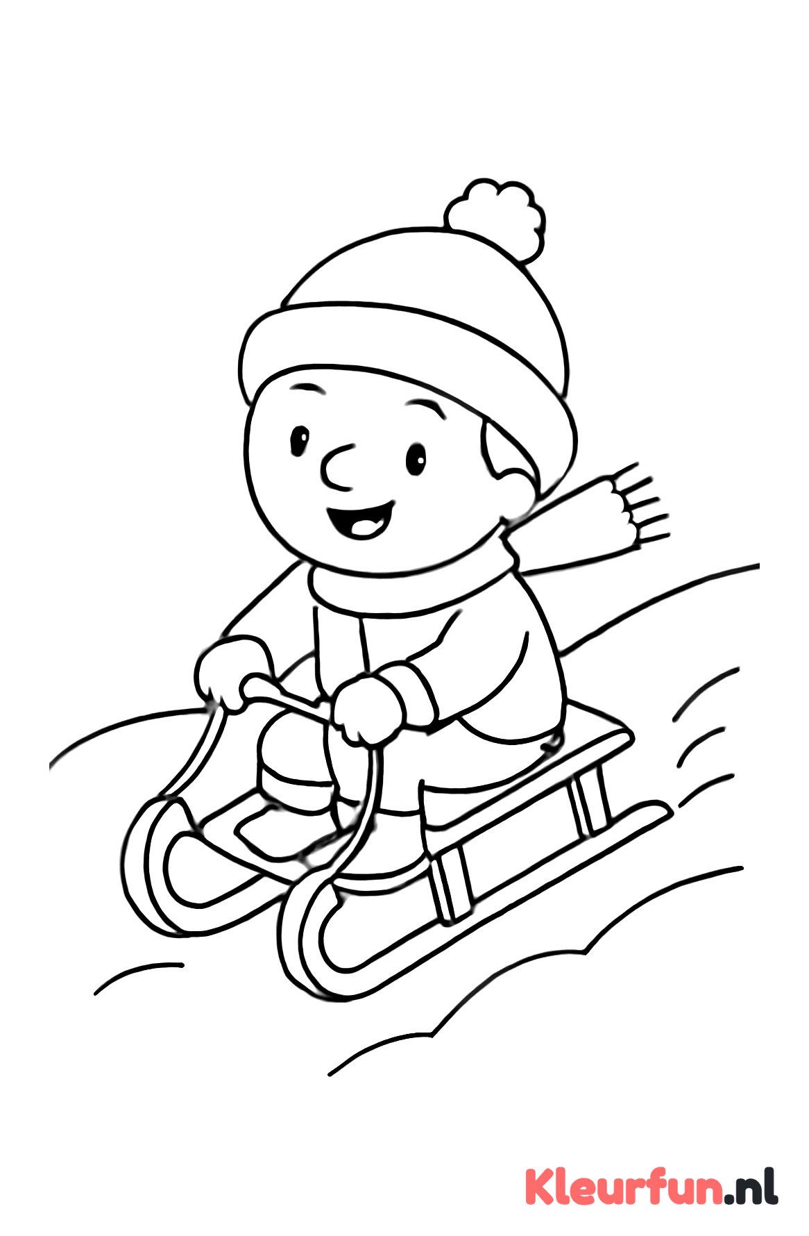Grote slee met kind in sneeuw