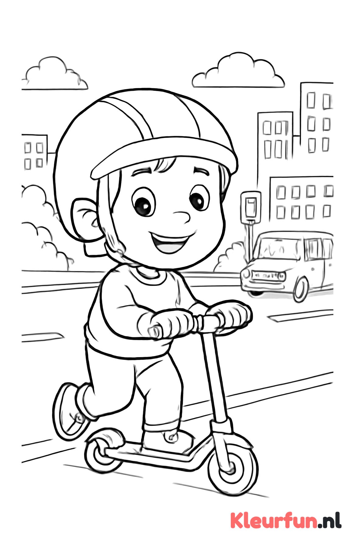 Kind op scooter in de straat