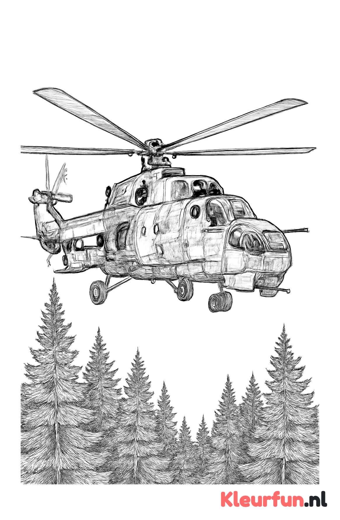 Militaire helikopter in actie boven bos