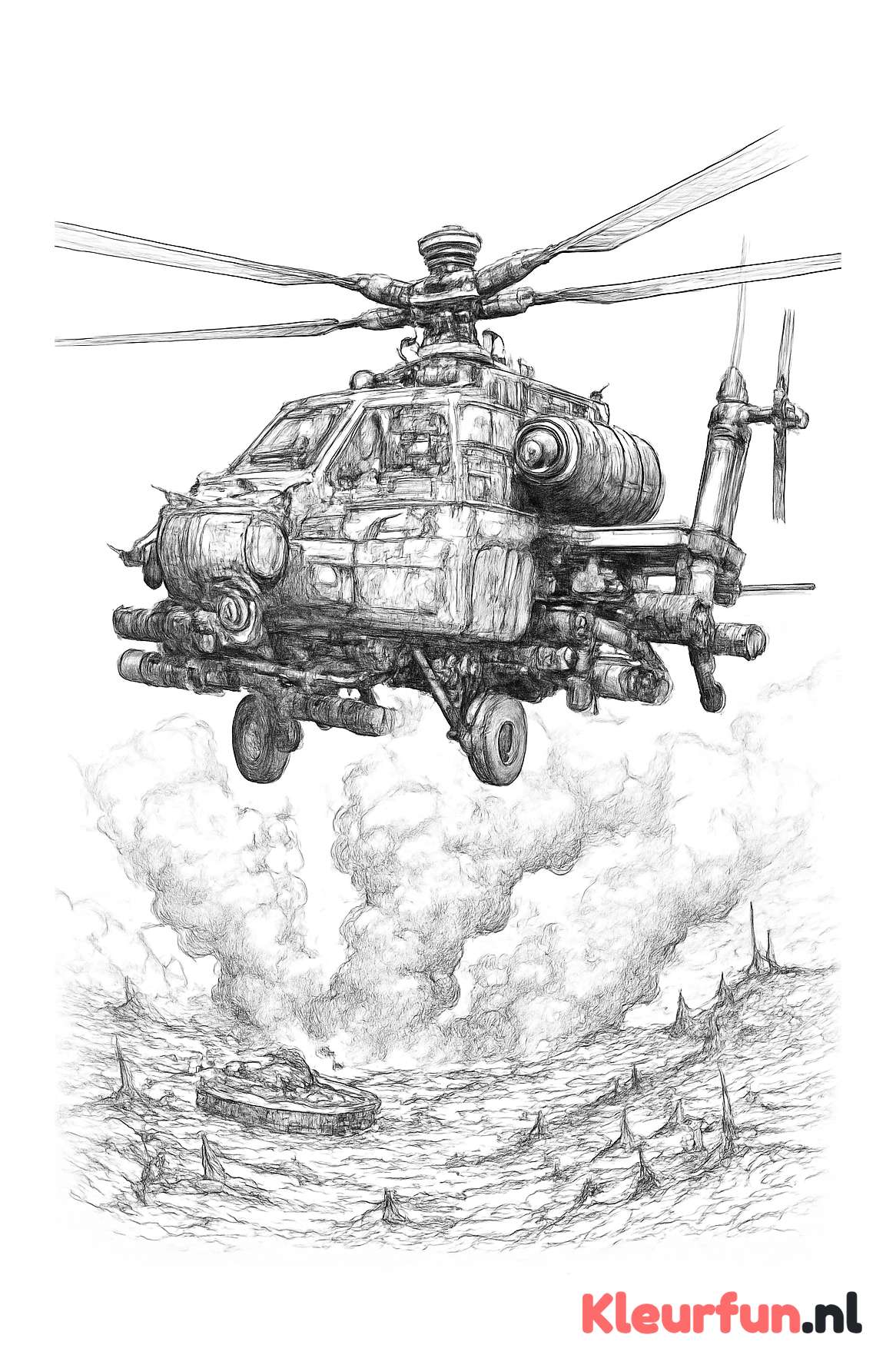 Militaire helikopter boven oorlogsterrein