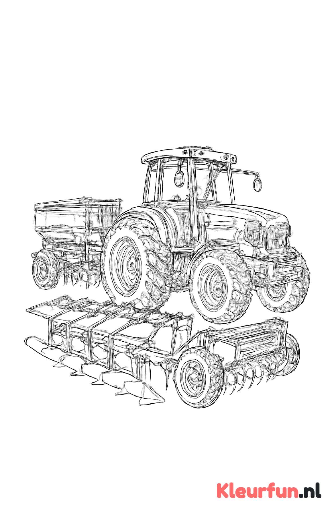 Moderne tractor met aanhangwagens en werktuigen
