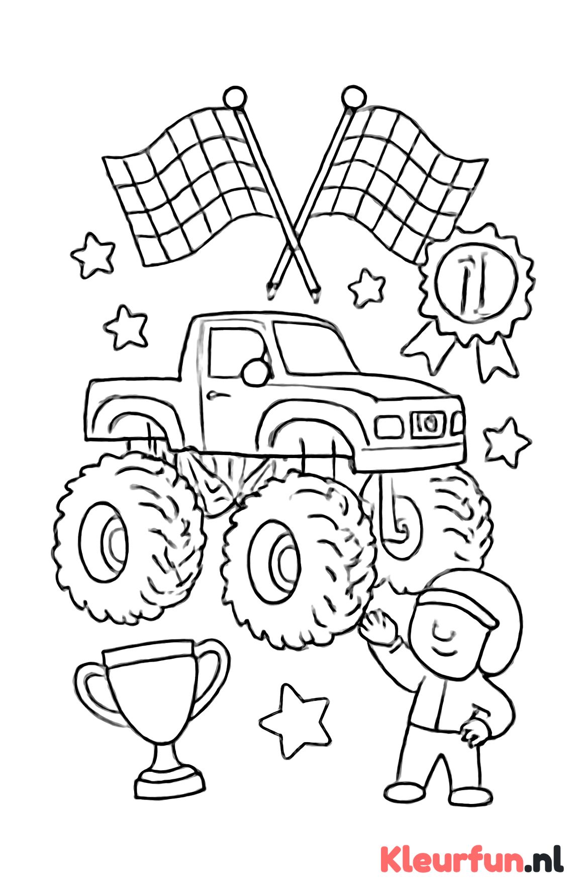 Monstertruck met prijzen en vlaggen