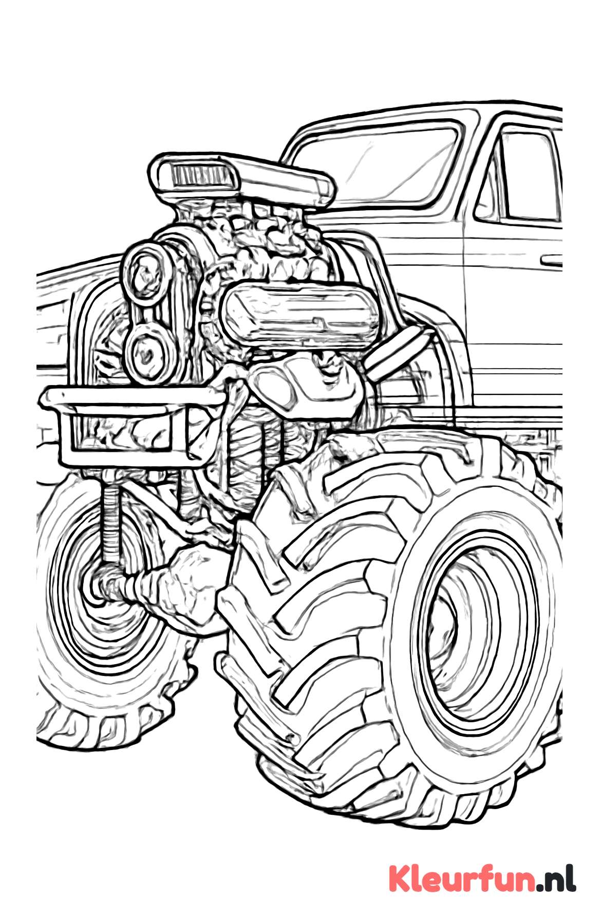 Close-up van monstertruck motor en ophanging