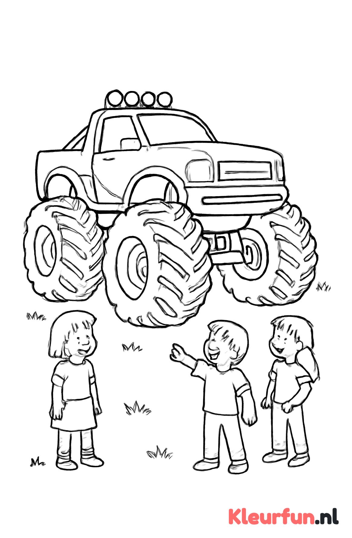 Monstertruck op grasveld met kinderen