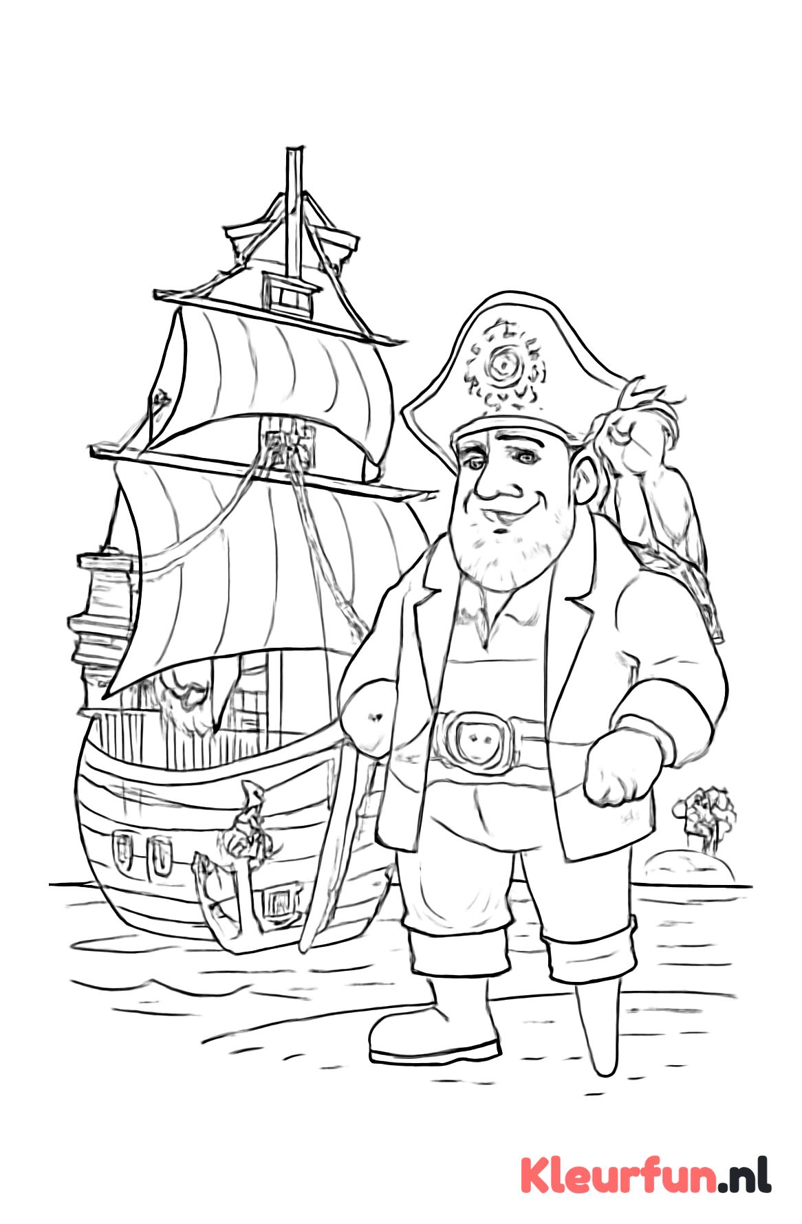 Oud houten piratenschip met papegaai