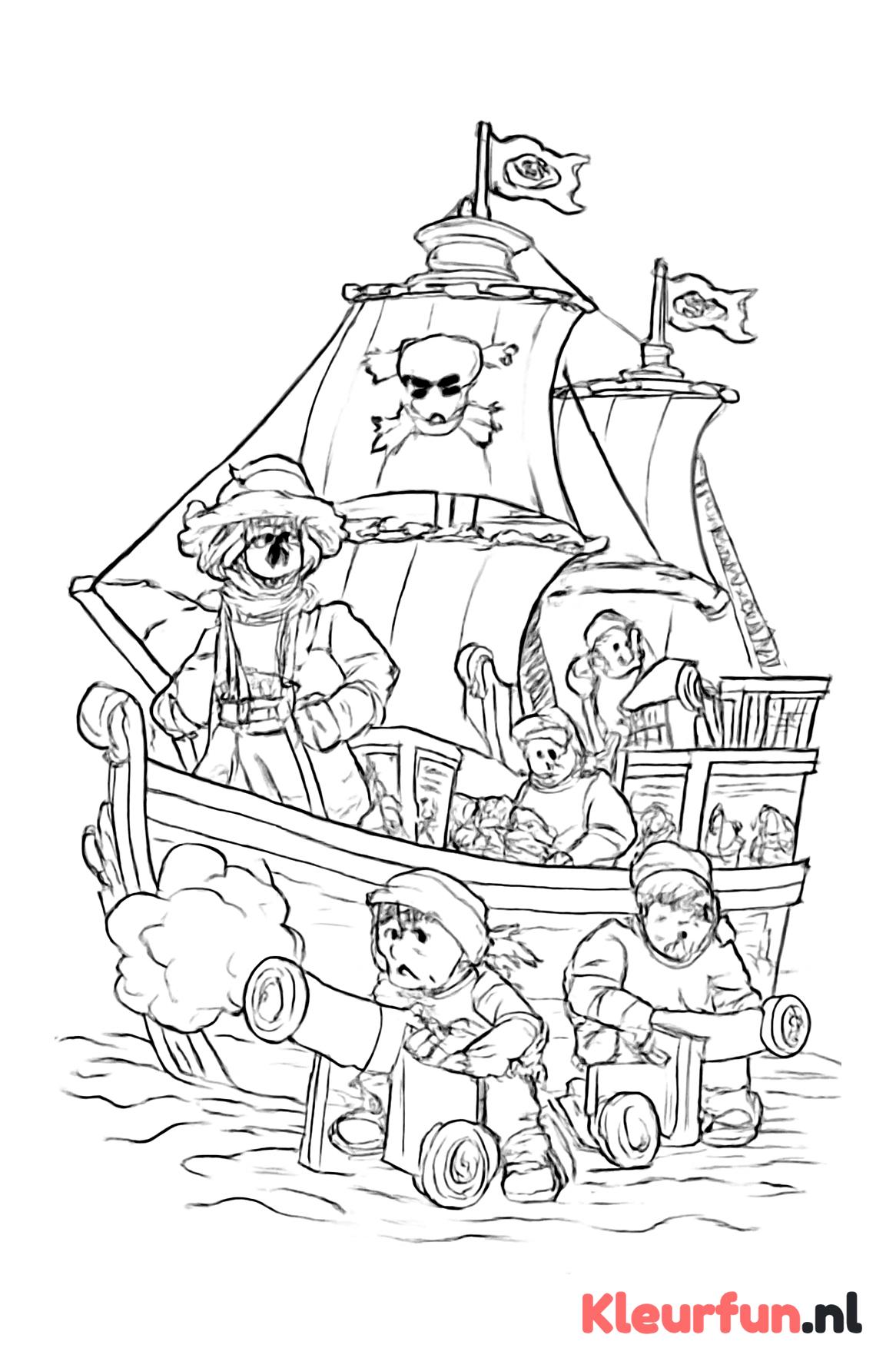 Piratenschip met piraten en kanonnen
