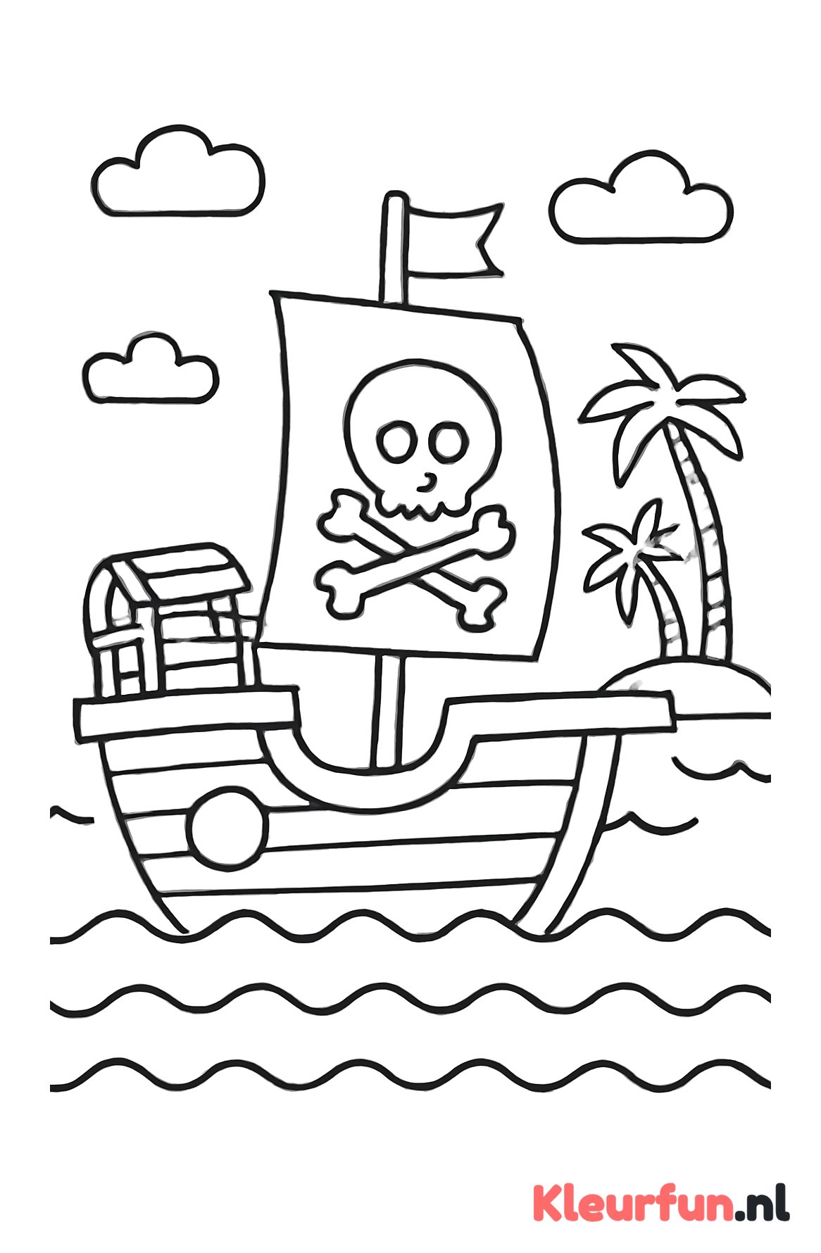 Piratenschip met schatkist en palmbomen
