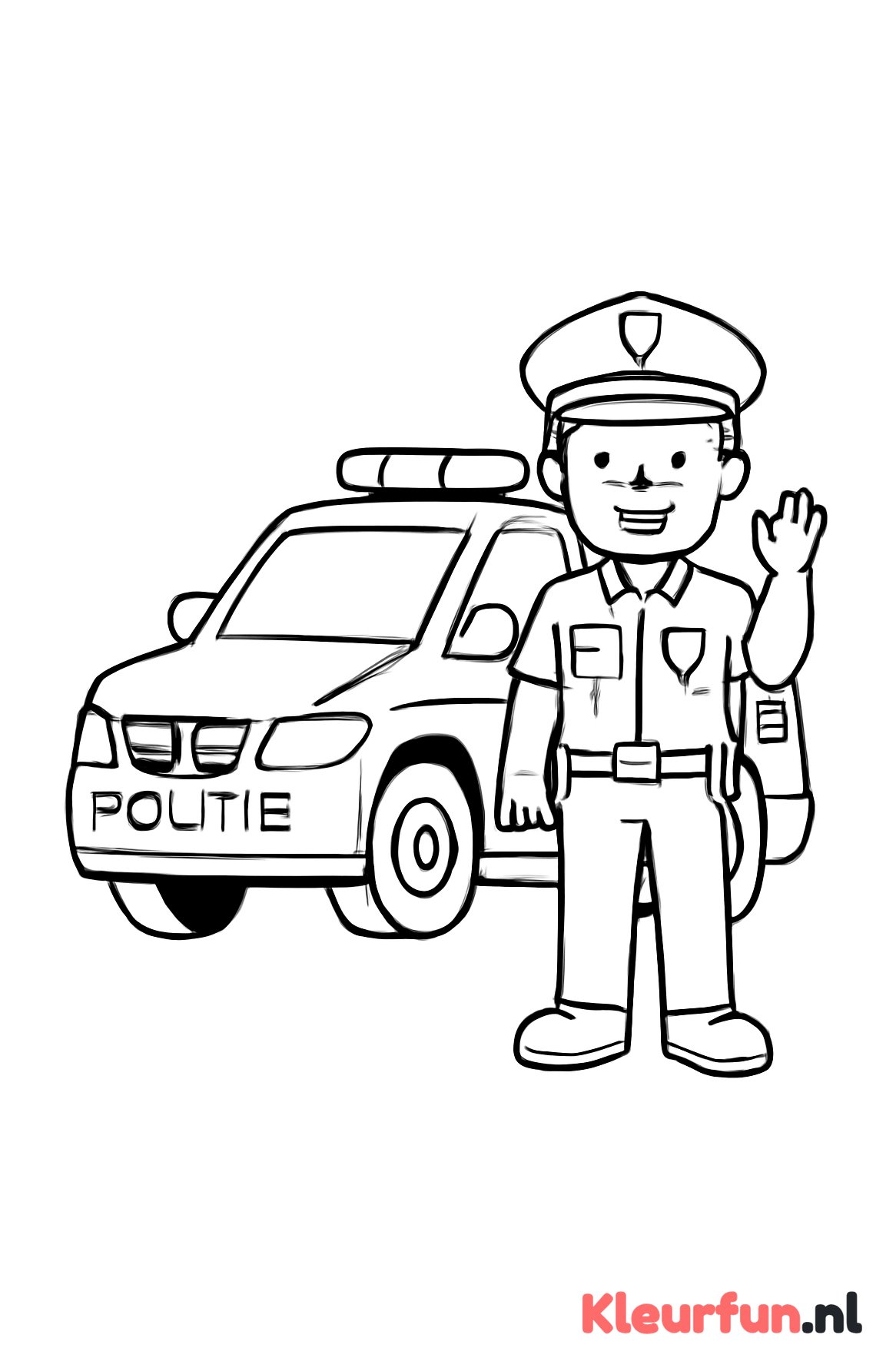 Politieauto met agent die zwaait