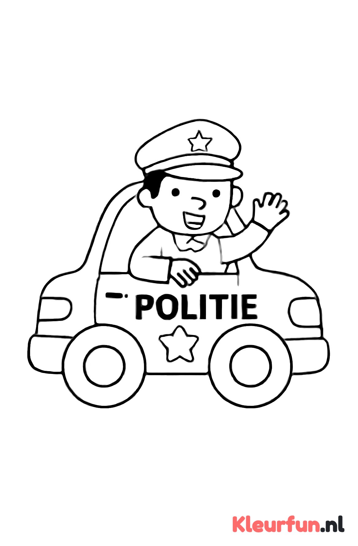 Politieauto met agent die zwaait
