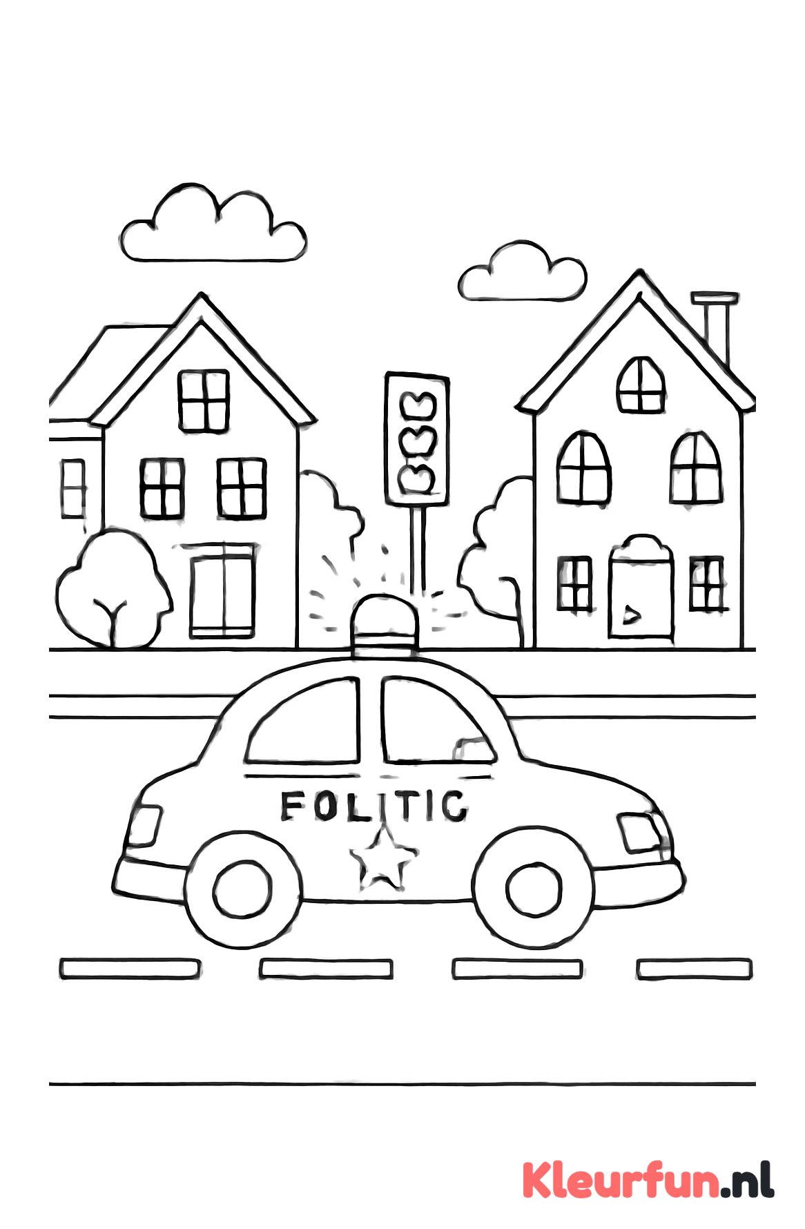 Politieauto met huizen en verkeerslicht