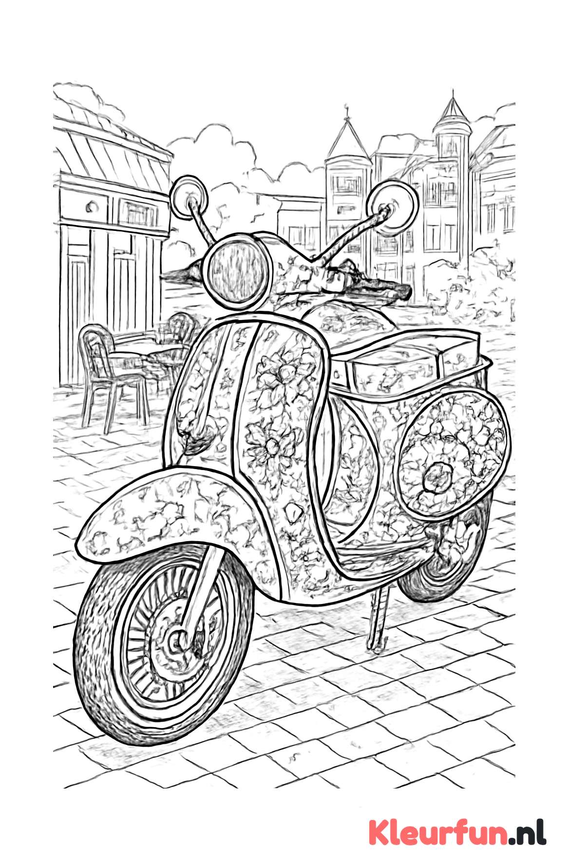 Retro scooter met stadsachtergrond