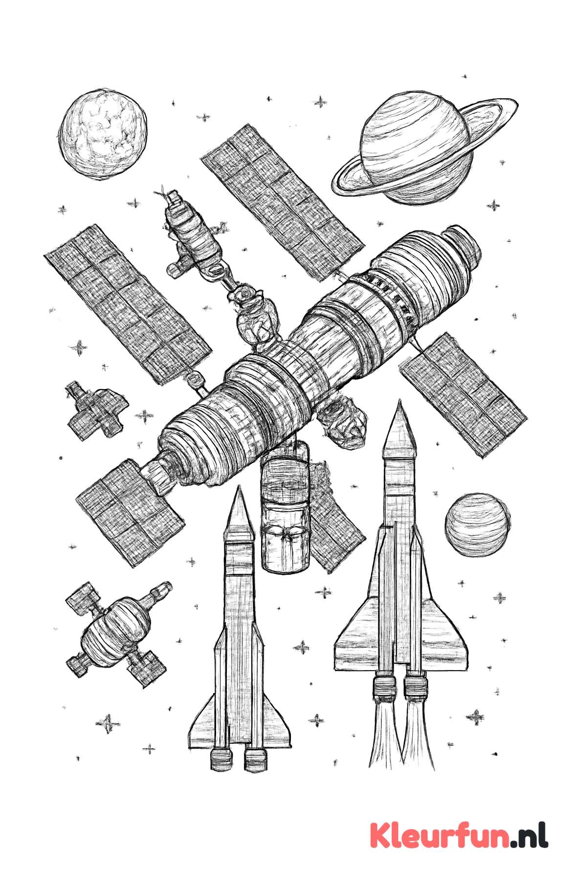 Ruimtestation met raketten en planeten