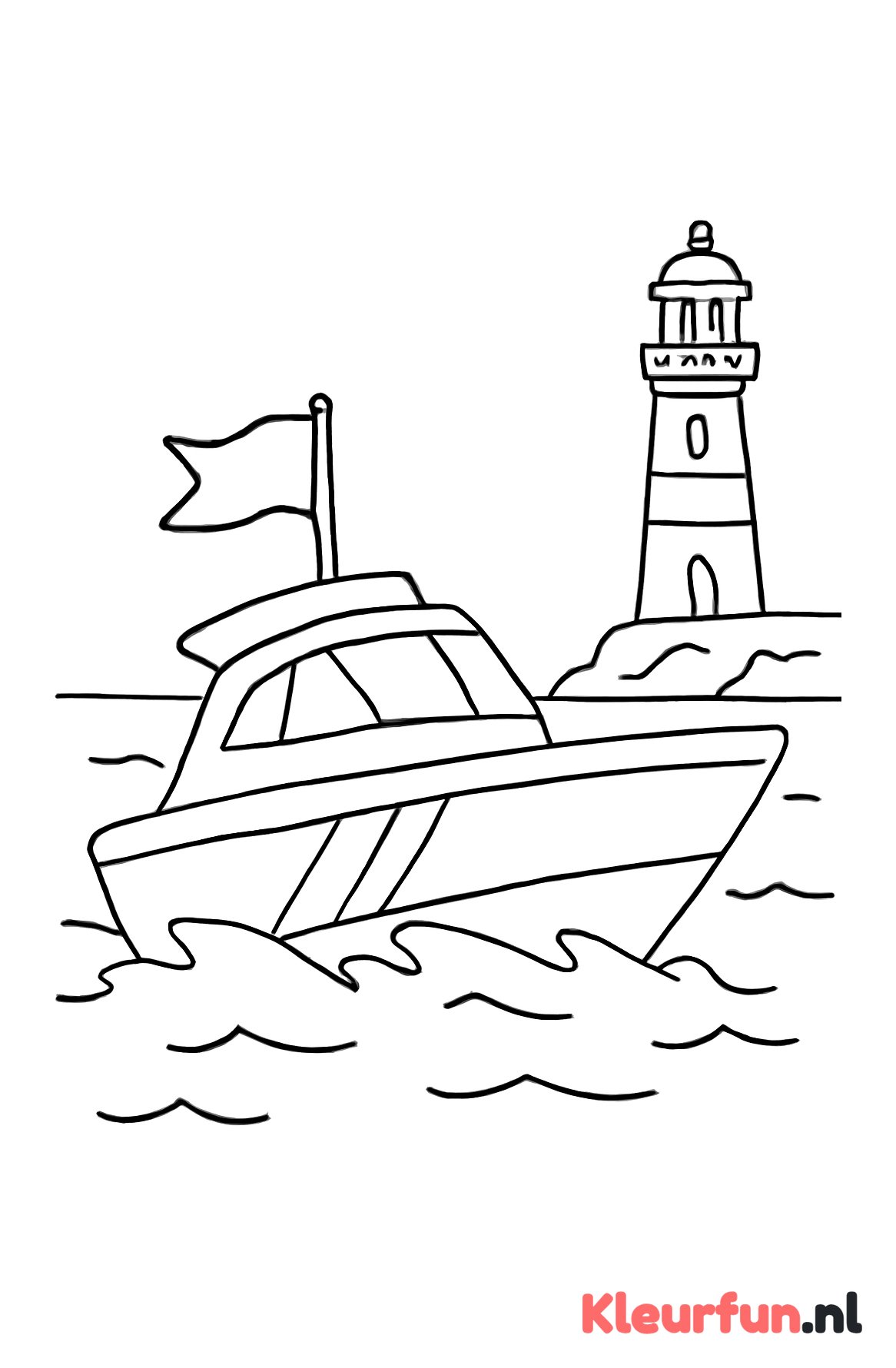 Speedboot met vlag en vuurtoren