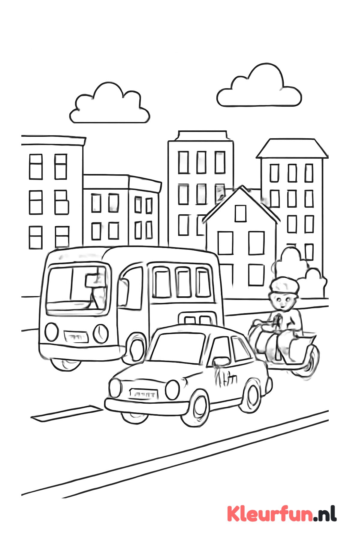 Stadsstraat met bus, taxi en brommer