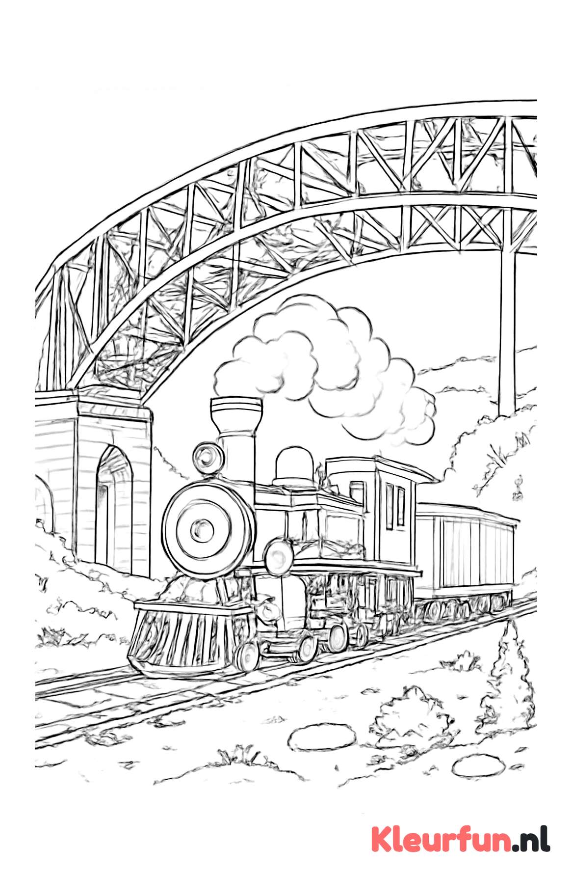 Stoomtrein onder een stalen spoorbrug