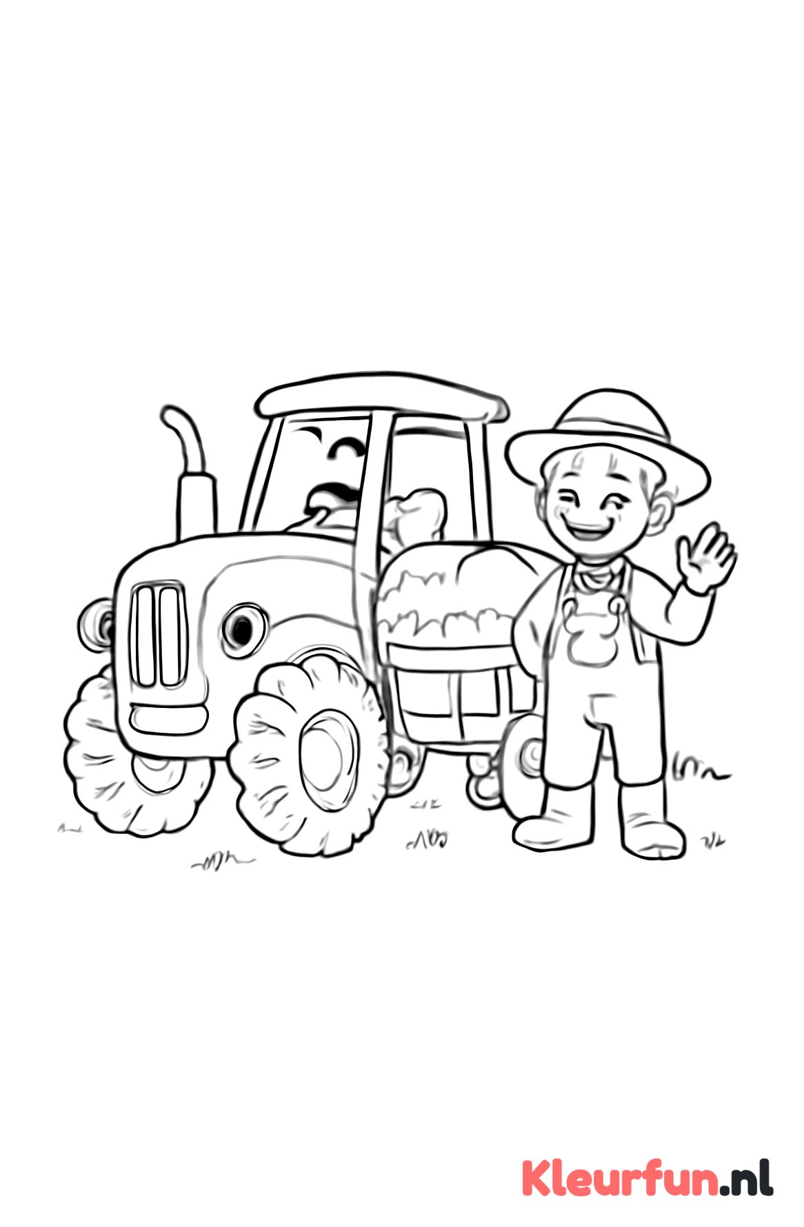 Tractor die hooi verzamelt in de wei