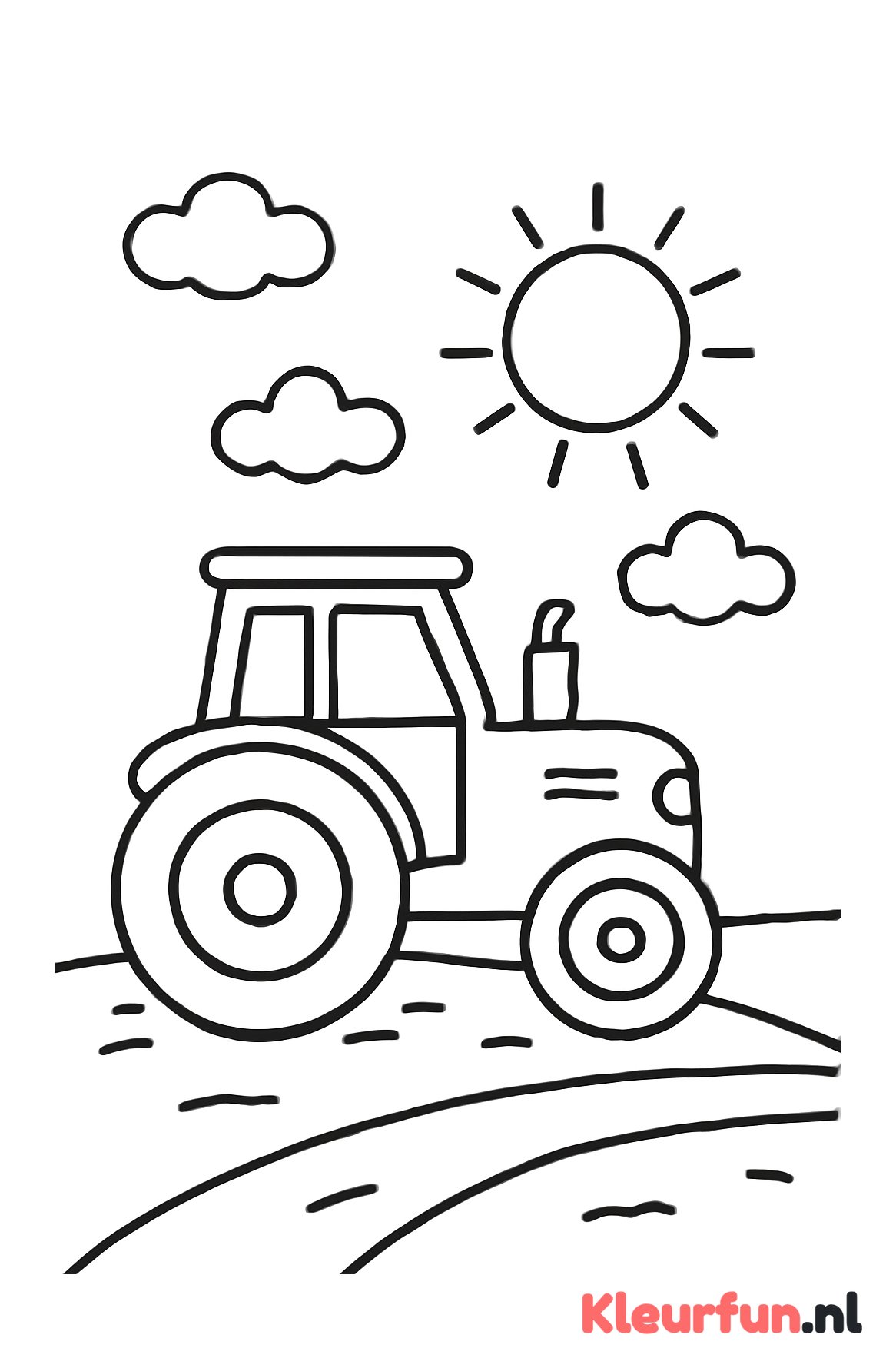 Tractor op zandweg met zon en wolken