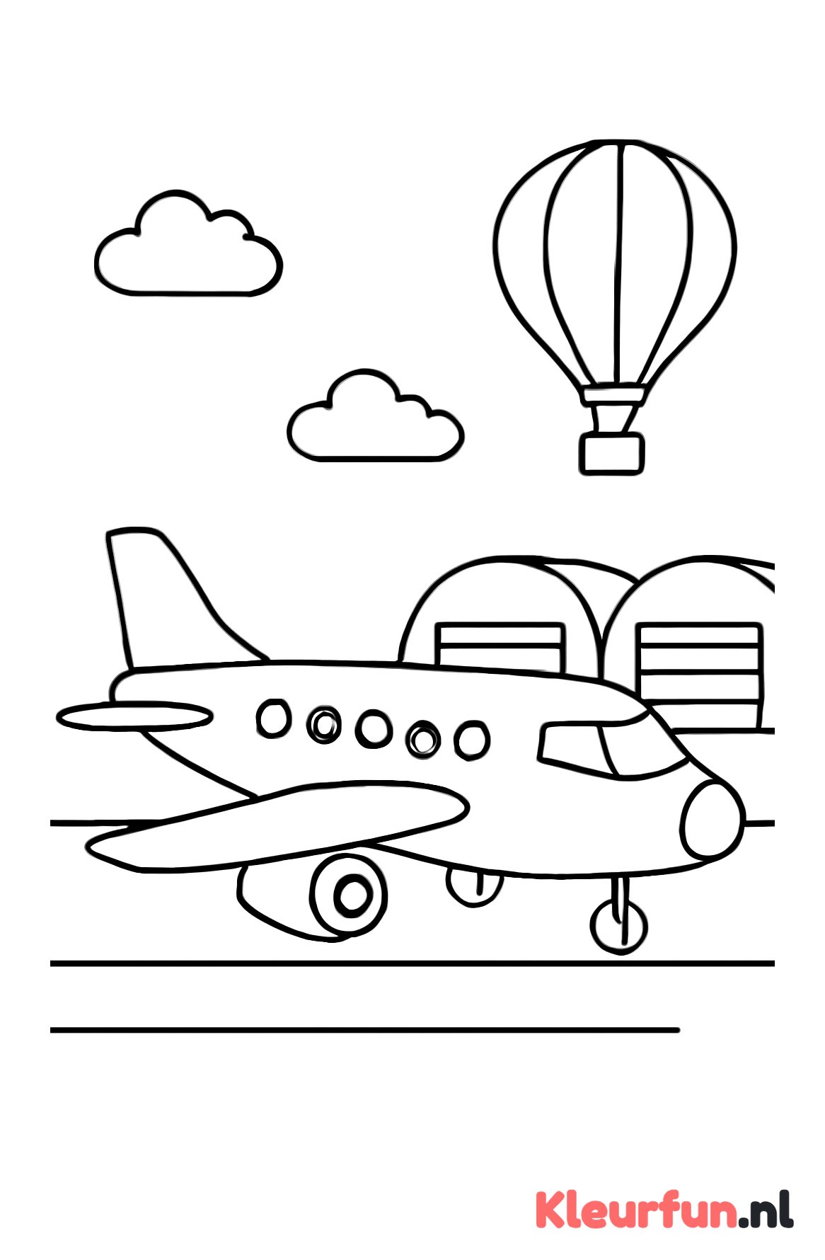 Vliegtuig op vliegveld met hangars