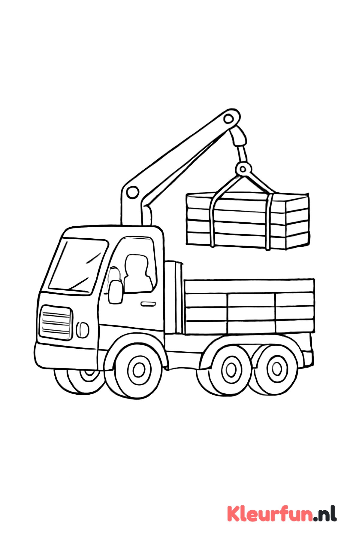 Vrachtwagen met kraan tilt houten planken op
