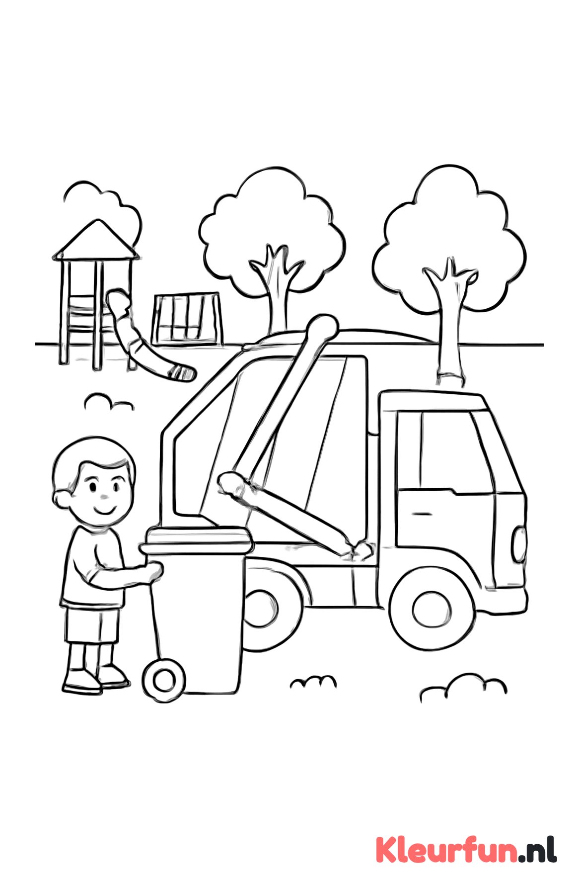Vuilniswagen haalt container op in het park
